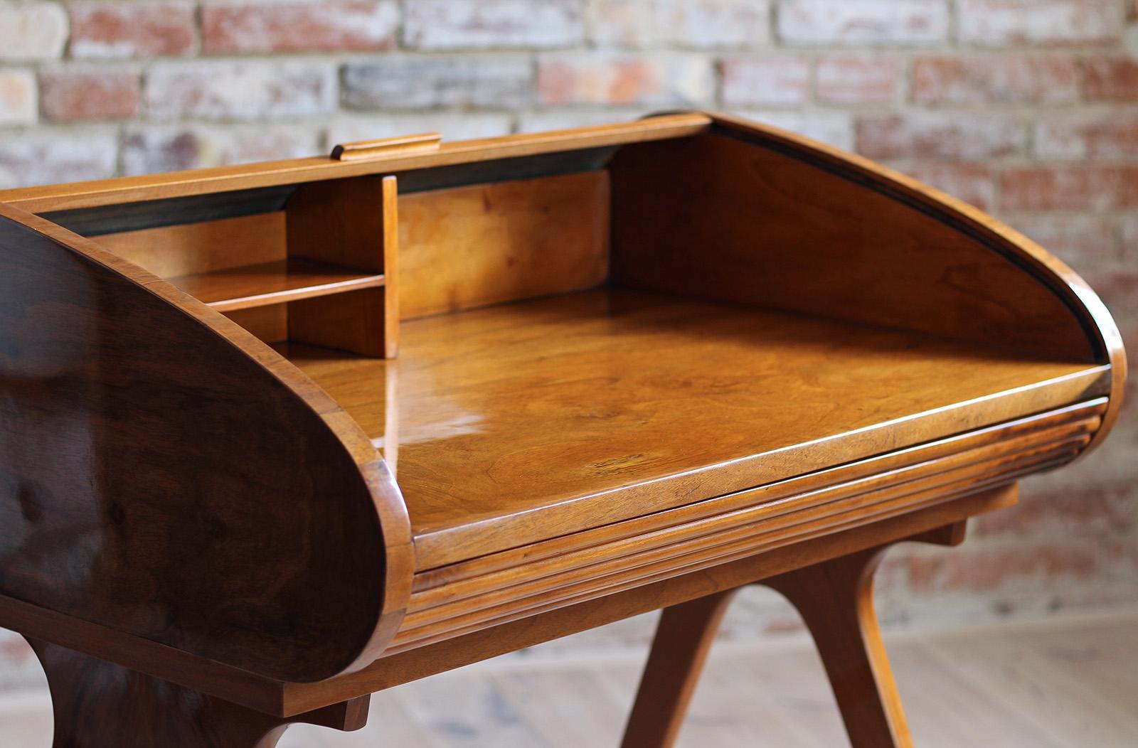 Rare Mid-Century Modern Desk with Roll-Top, Walnut Veneer, 1950s, Fully Restored 8