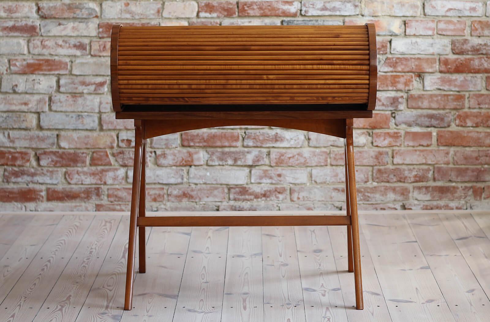 Mid-Century Desk with Roll-Top, Walnut Veneer, 1950s, Fully Restored 8