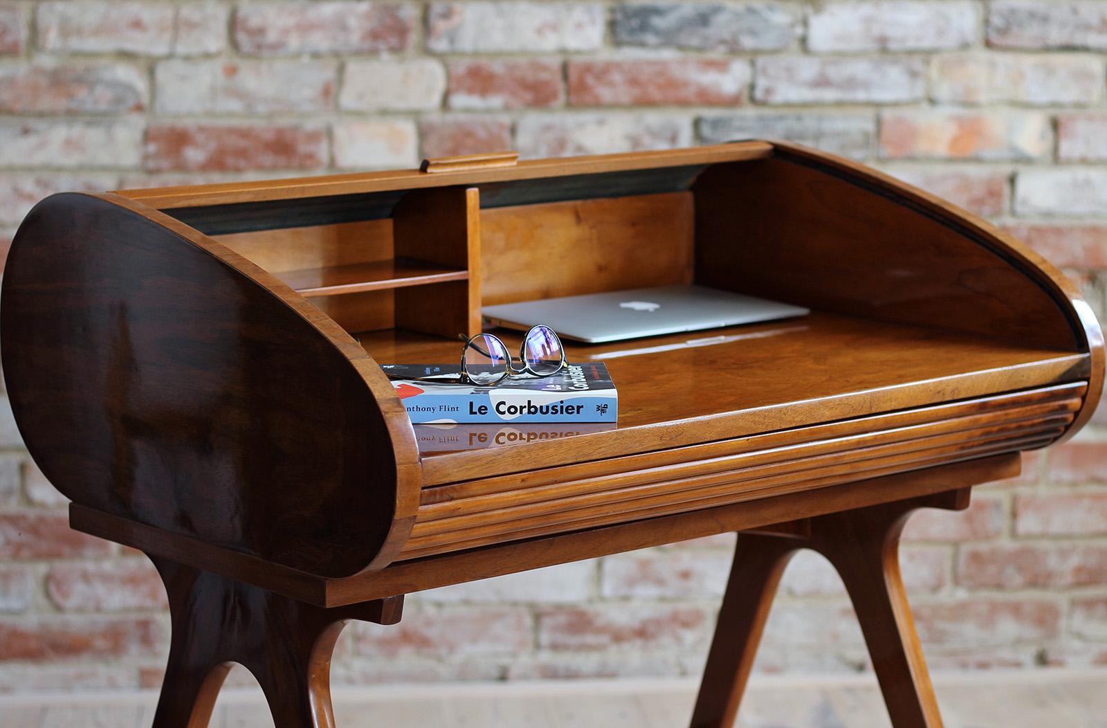 Rare Mid-Century Modern Desk with Roll-Top, Walnut Veneer, 1950s, Fully Restored 10