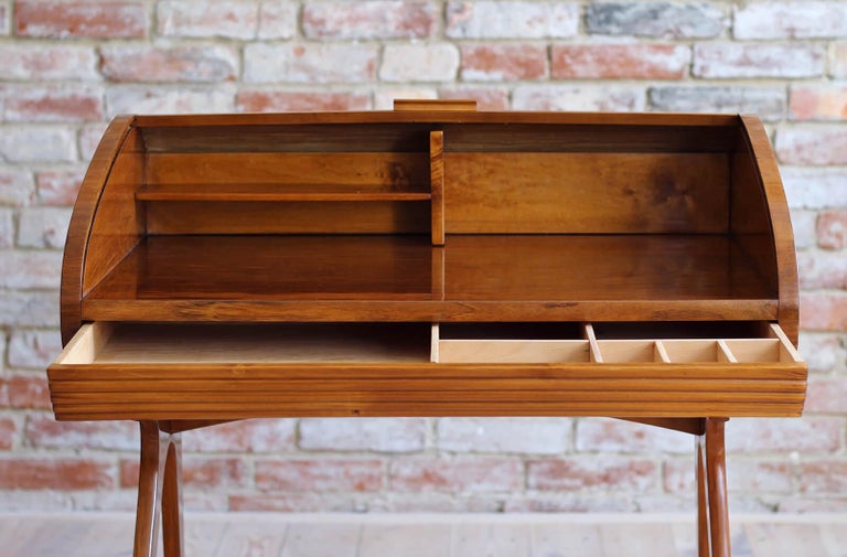 Mid-Century Desk with Roll-Top, Walnut Veneer, 1950s, Fully Restored For Sale 12
