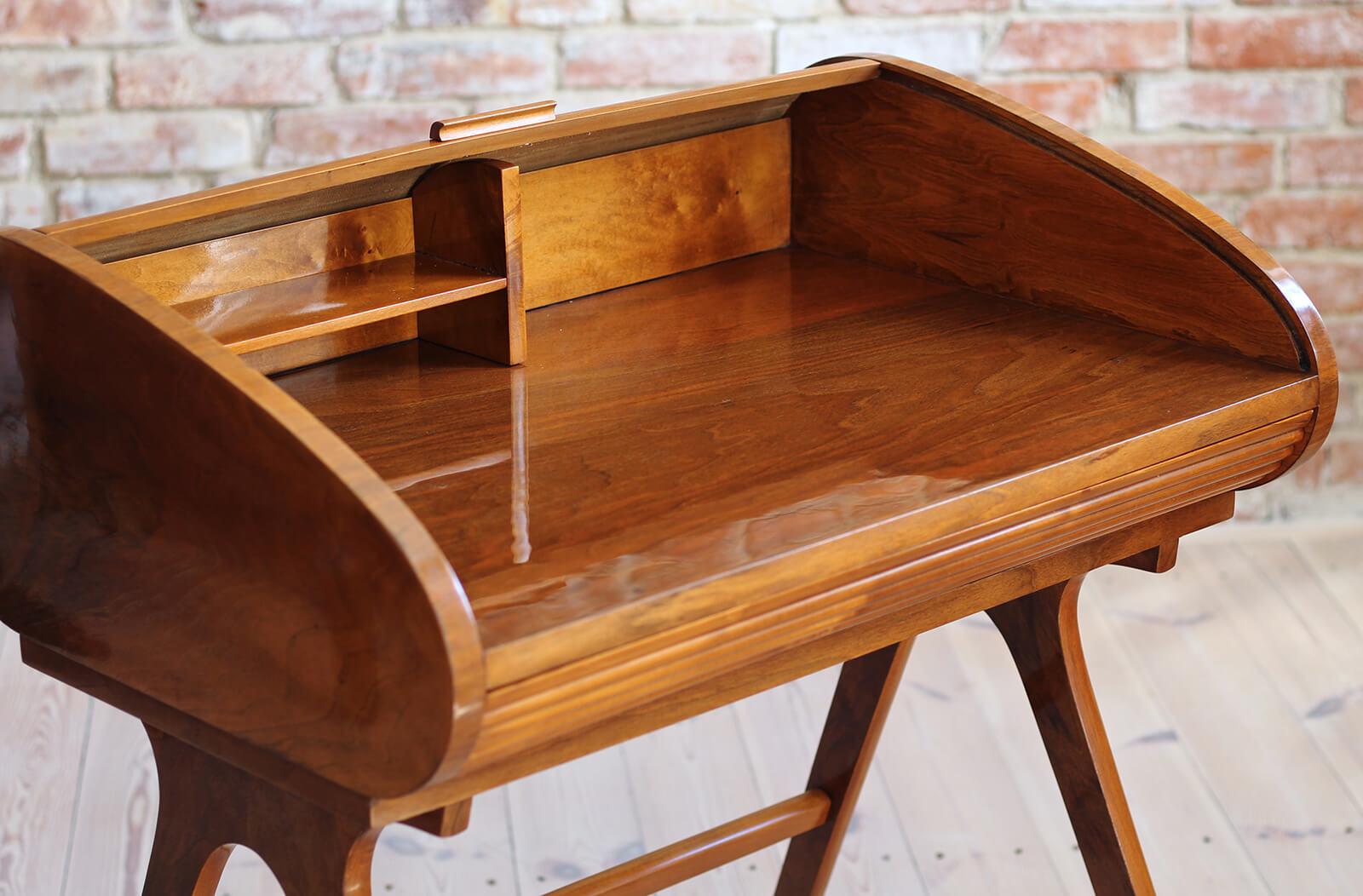 Mid-Century Desk with Roll-Top, Walnut Veneer, 1950s, Fully Restored 13