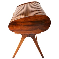 Rare Mid-Century Modern Desk with Roll-Top, Walnut Veneer, 1950s, Fully Restored