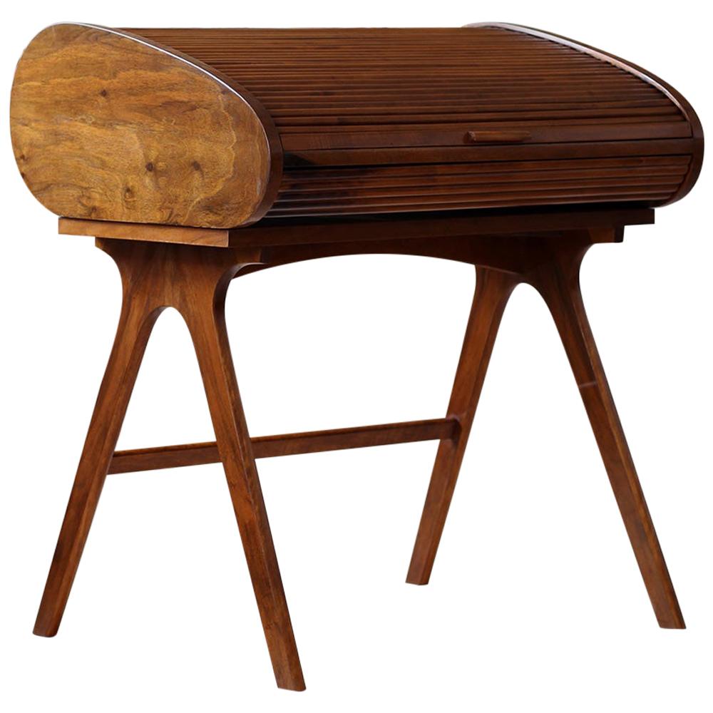 Rare Mid-Century Modern Desk with Roll-Top, Walnut Veneer, 1950s, Fully Restored