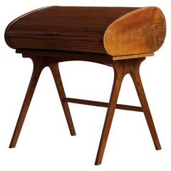 Mid-Century Desk with Roll-Top, Walnut Veneer, 1950s, Fully Restored