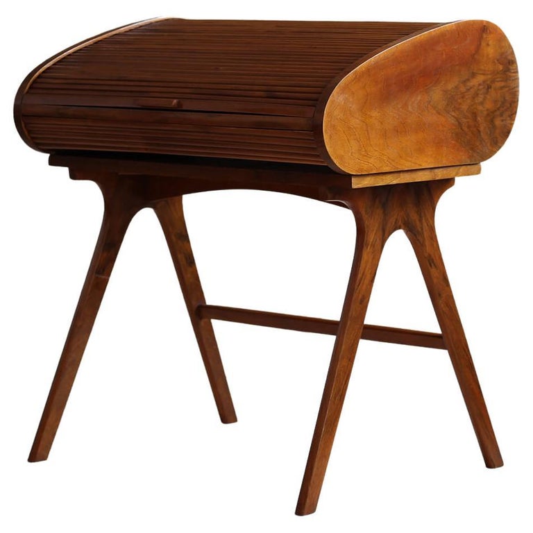 Mid-Century Desk with Roll-Top, Walnut Veneer, 1950s, Fully Restored For Sale