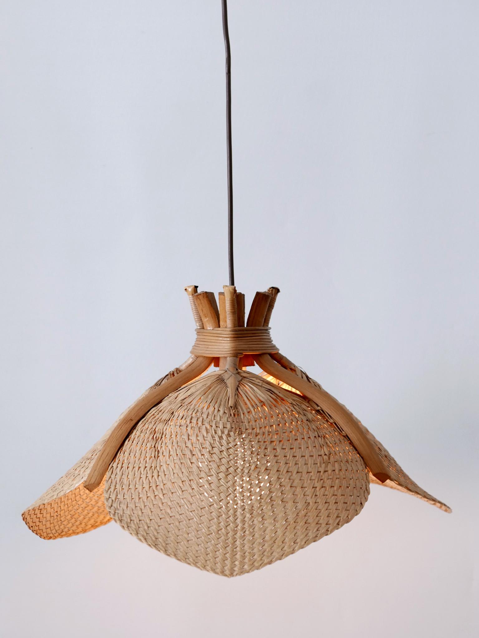 Palmwood Rare Mid-Century Modern Fan Uchiwa Pendant Lamp or Hanging Light Germany 1970s 