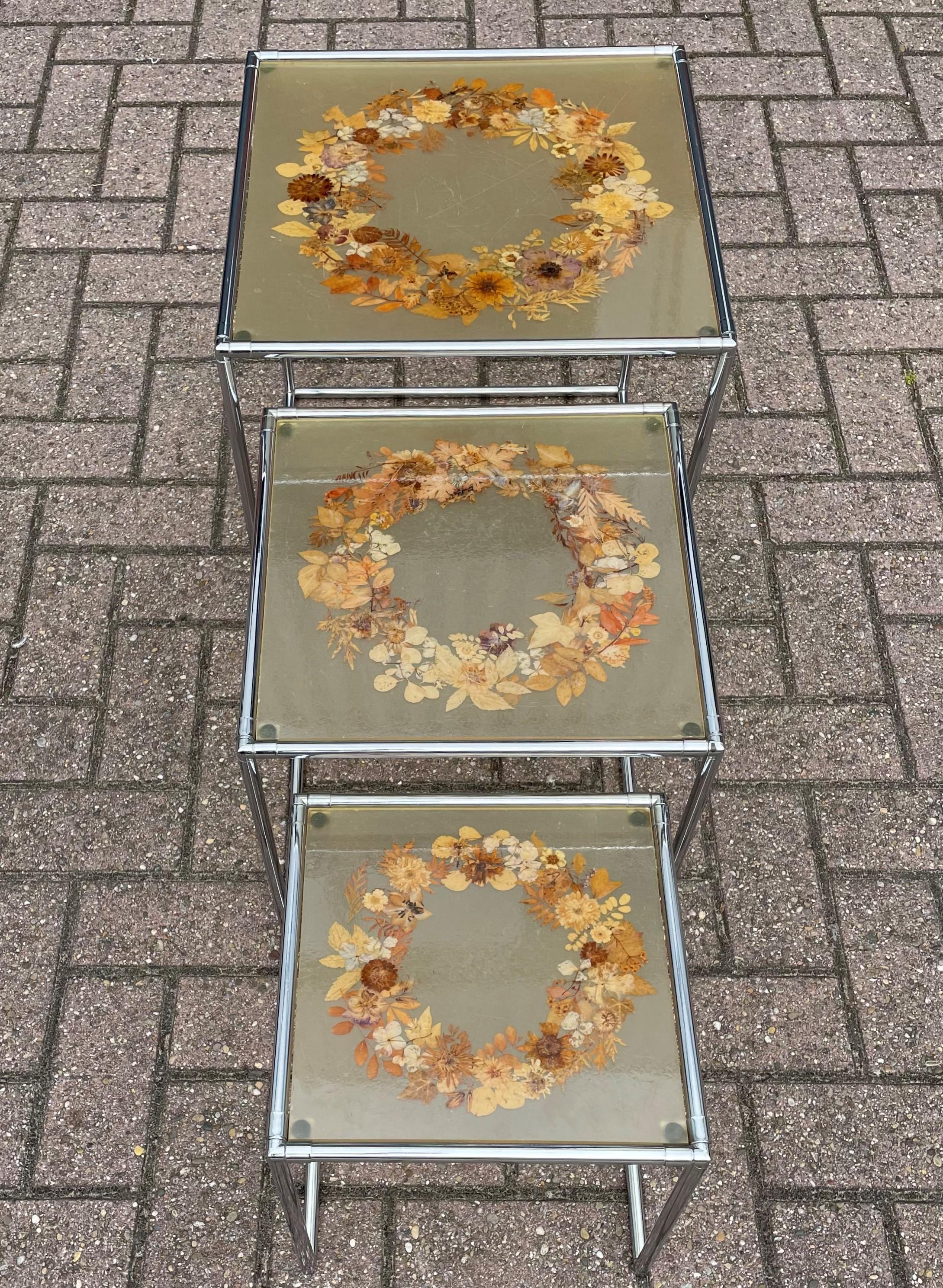 Rare Mid-Century Modern, French Set of Chrome & Resin Inlaid Tables by Accolay 6