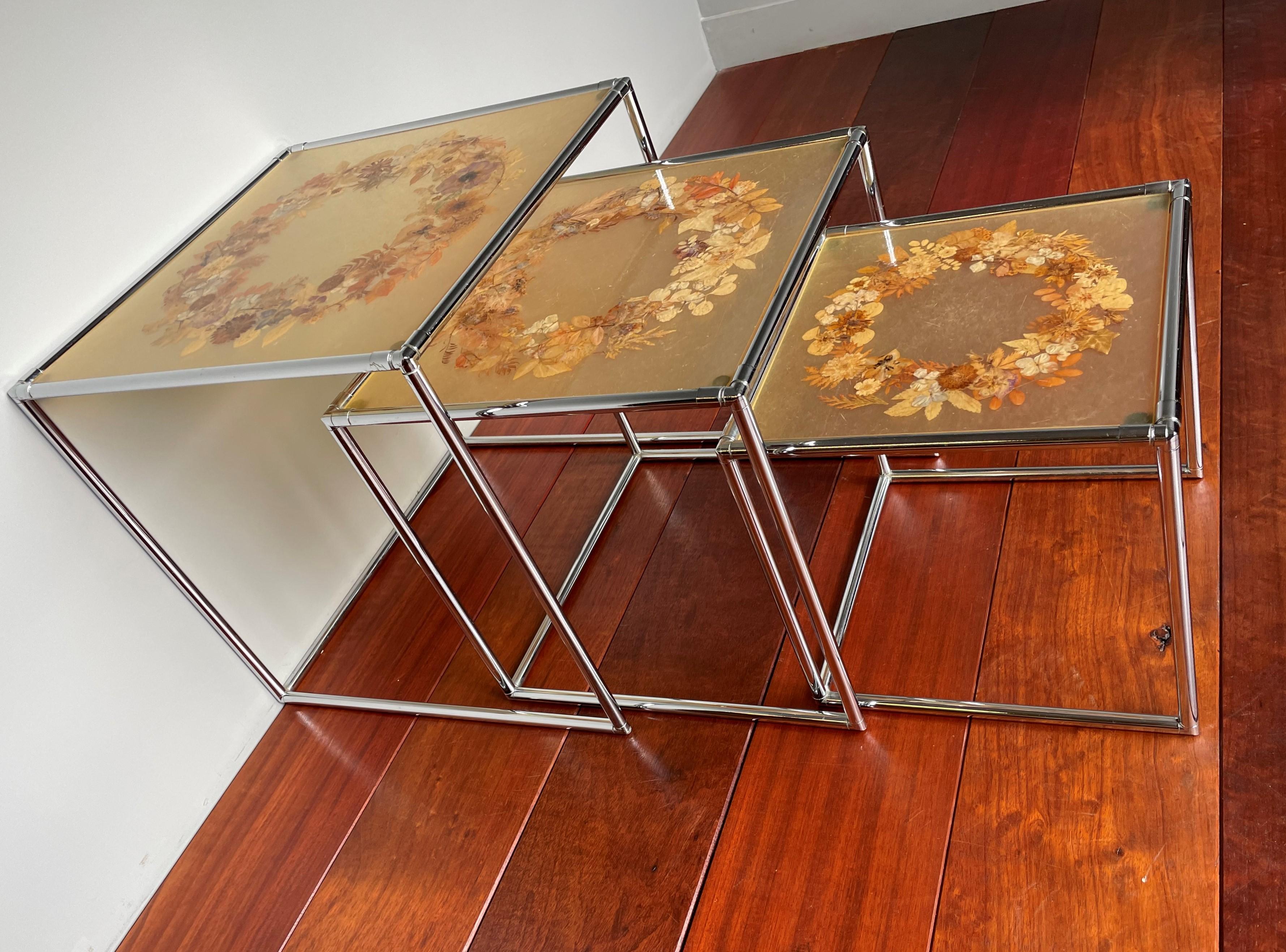 Rare Mid-Century Modern, French Set of Chrome & Resin Inlaid Tables by Accolay 10