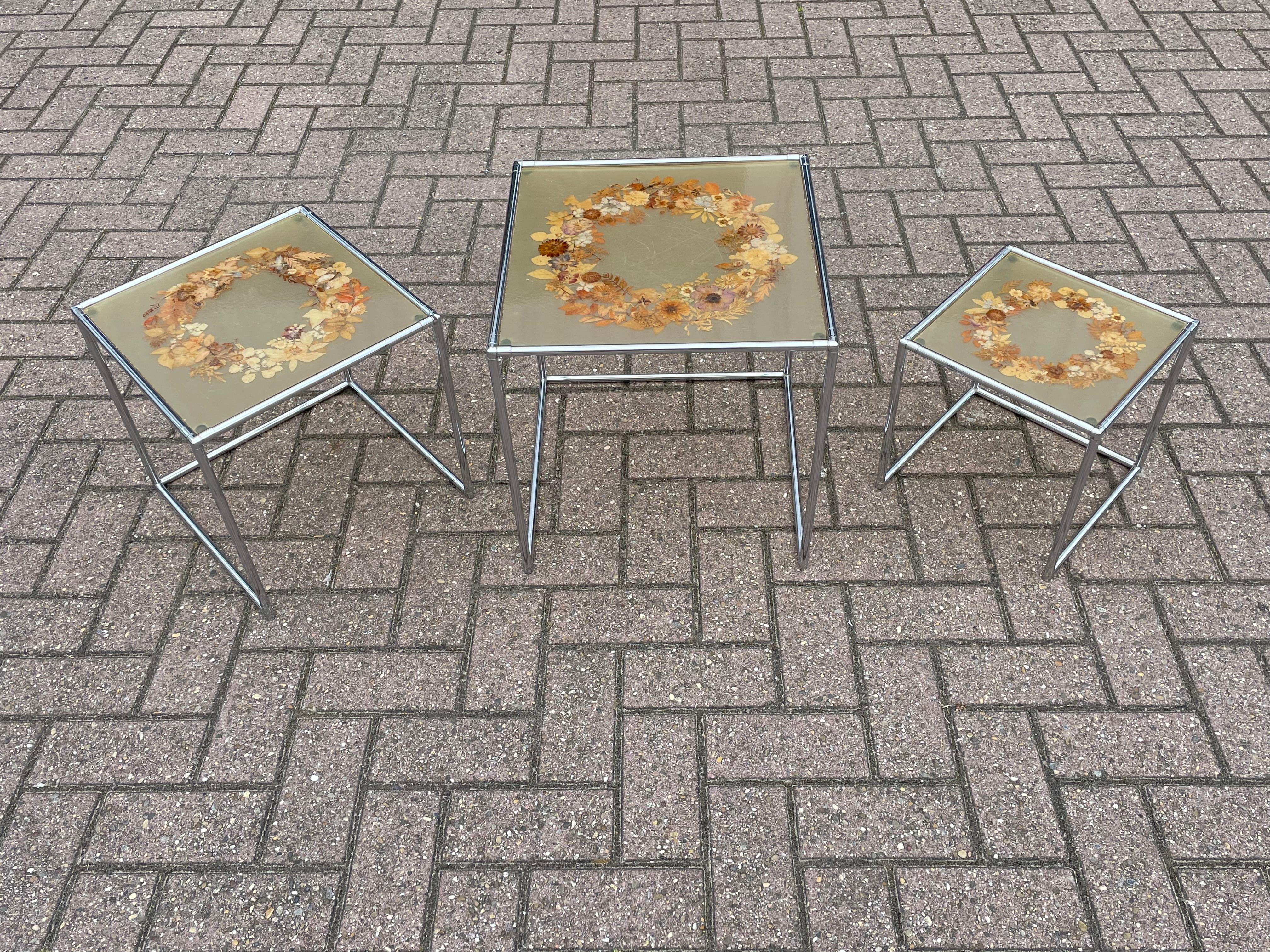 Rare Mid-Century Modern, French Set of Chrome & Resin Inlaid Tables by Accolay For Sale 11