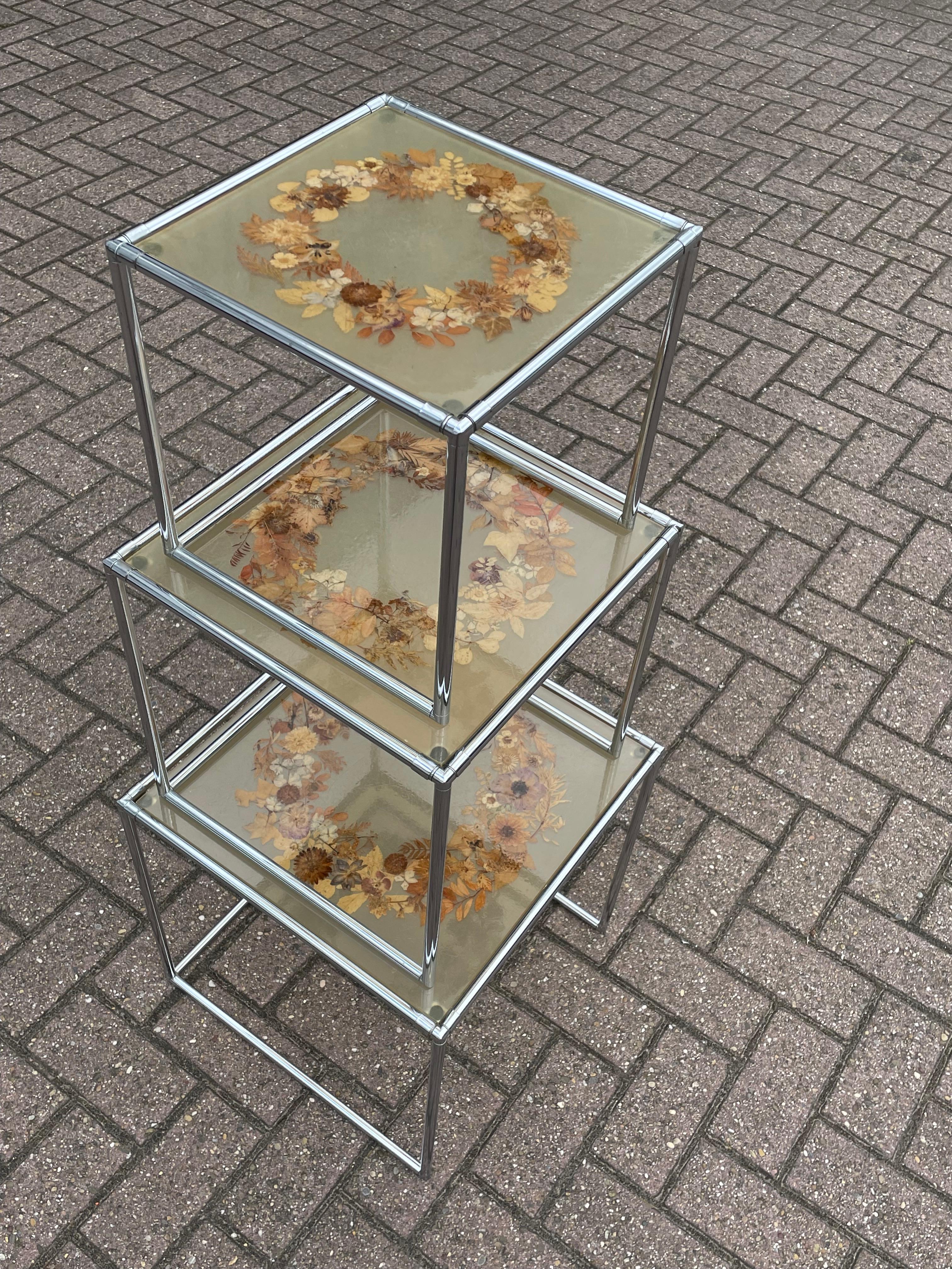 Organic Modern Rare Mid-Century Modern, French Set of Chrome & Resin Inlaid Tables by Accolay For Sale