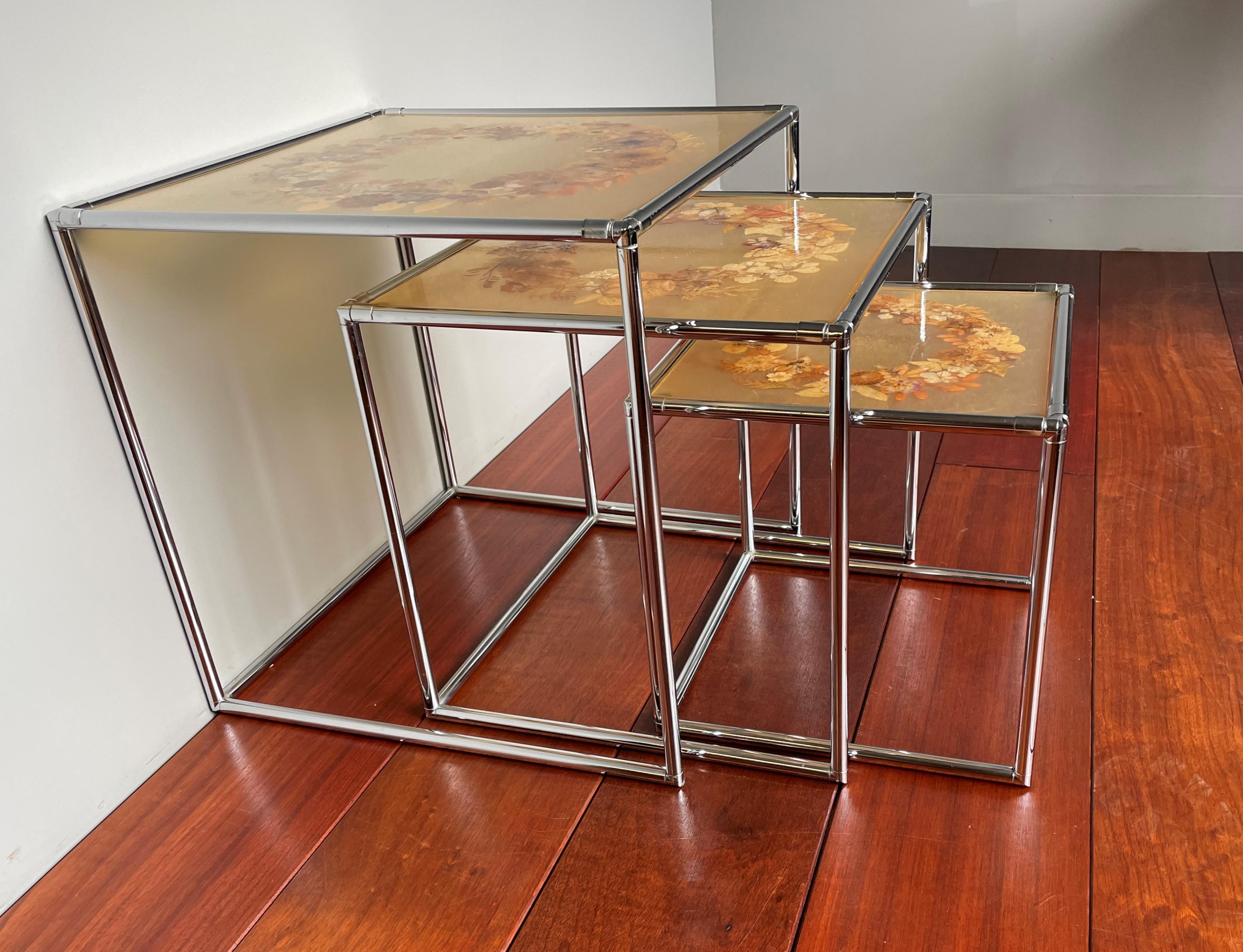 Inlay Rare Mid-Century Modern, French Set of Chrome & Resin Inlaid Tables by Accolay