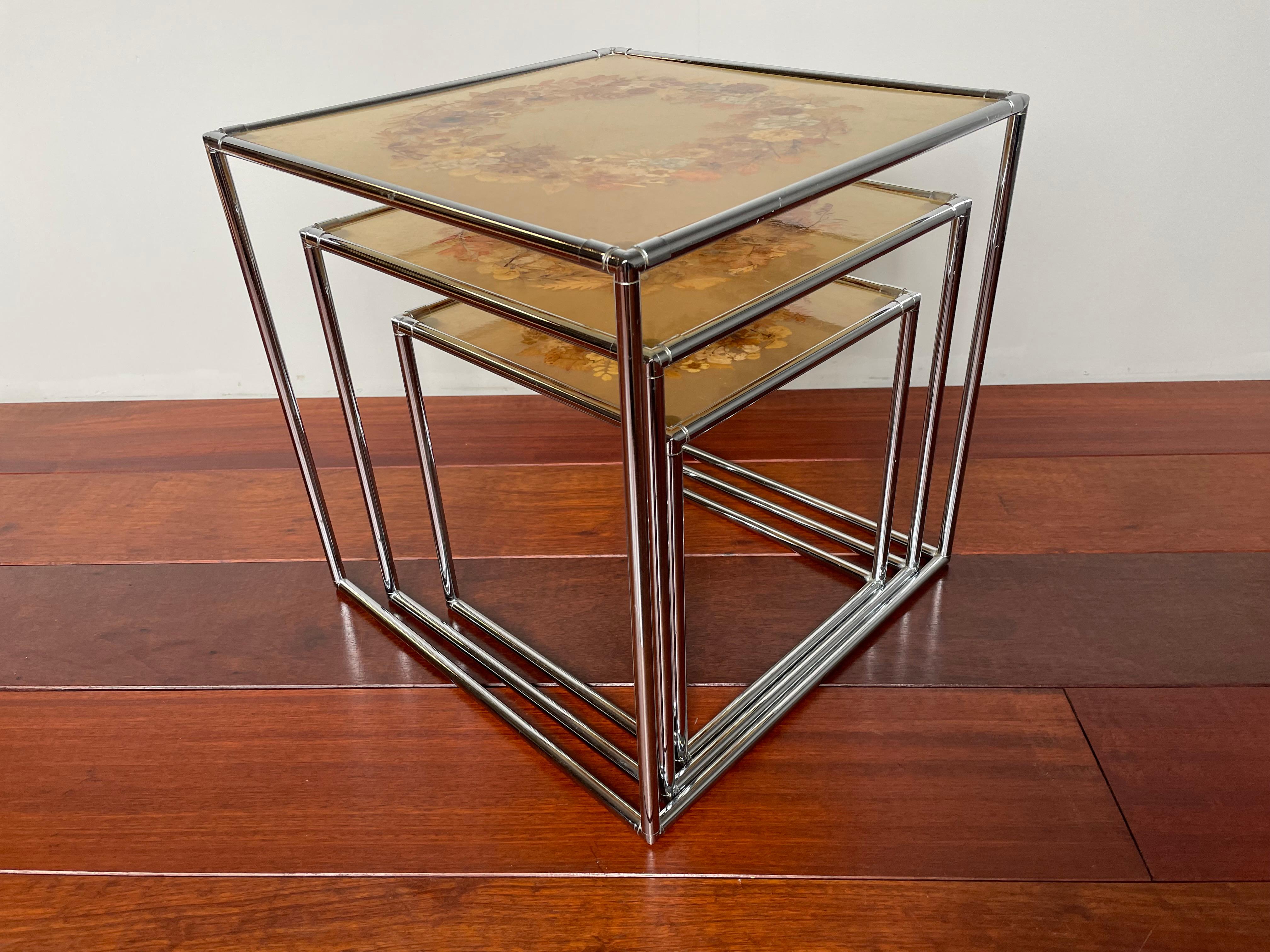 20th Century Rare Mid-Century Modern, French Set of Chrome & Resin Inlaid Tables by Accolay For Sale