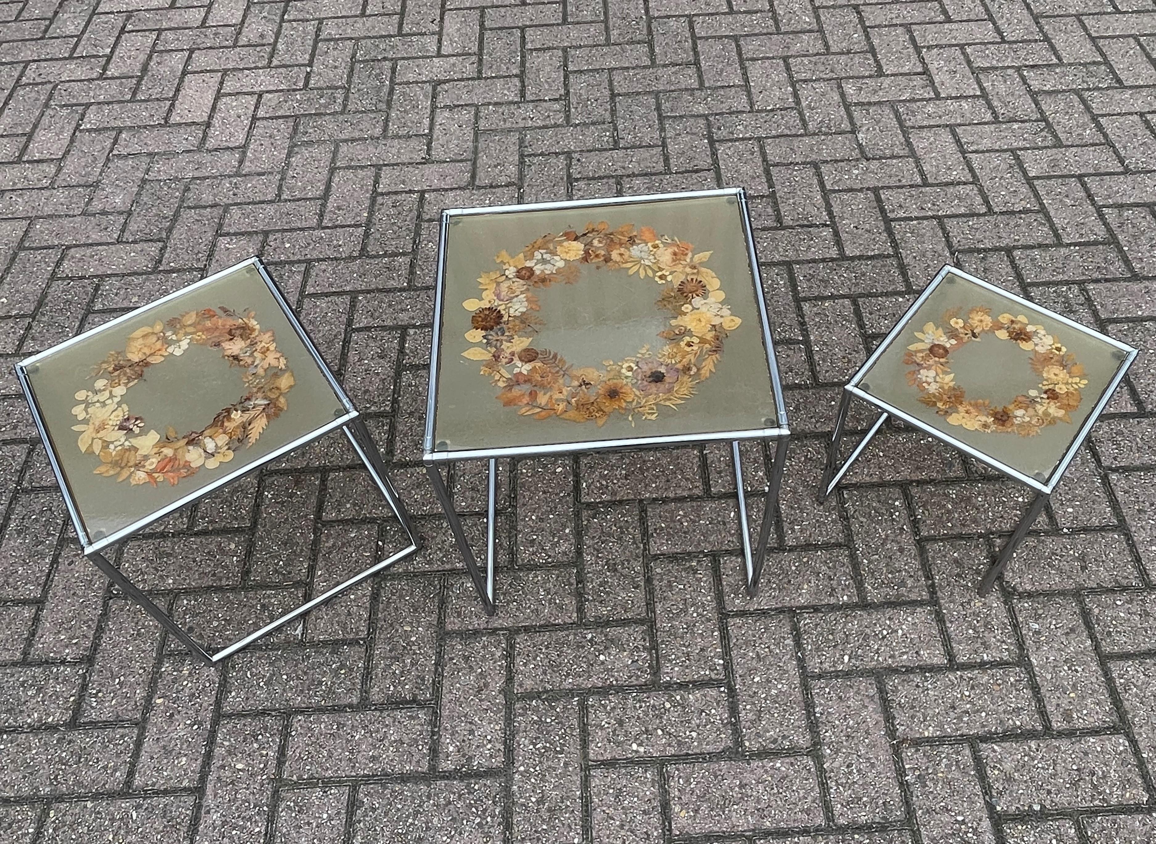 Rare Mid-Century Modern, French Set of Chrome & Resin Inlaid Tables by Accolay 1