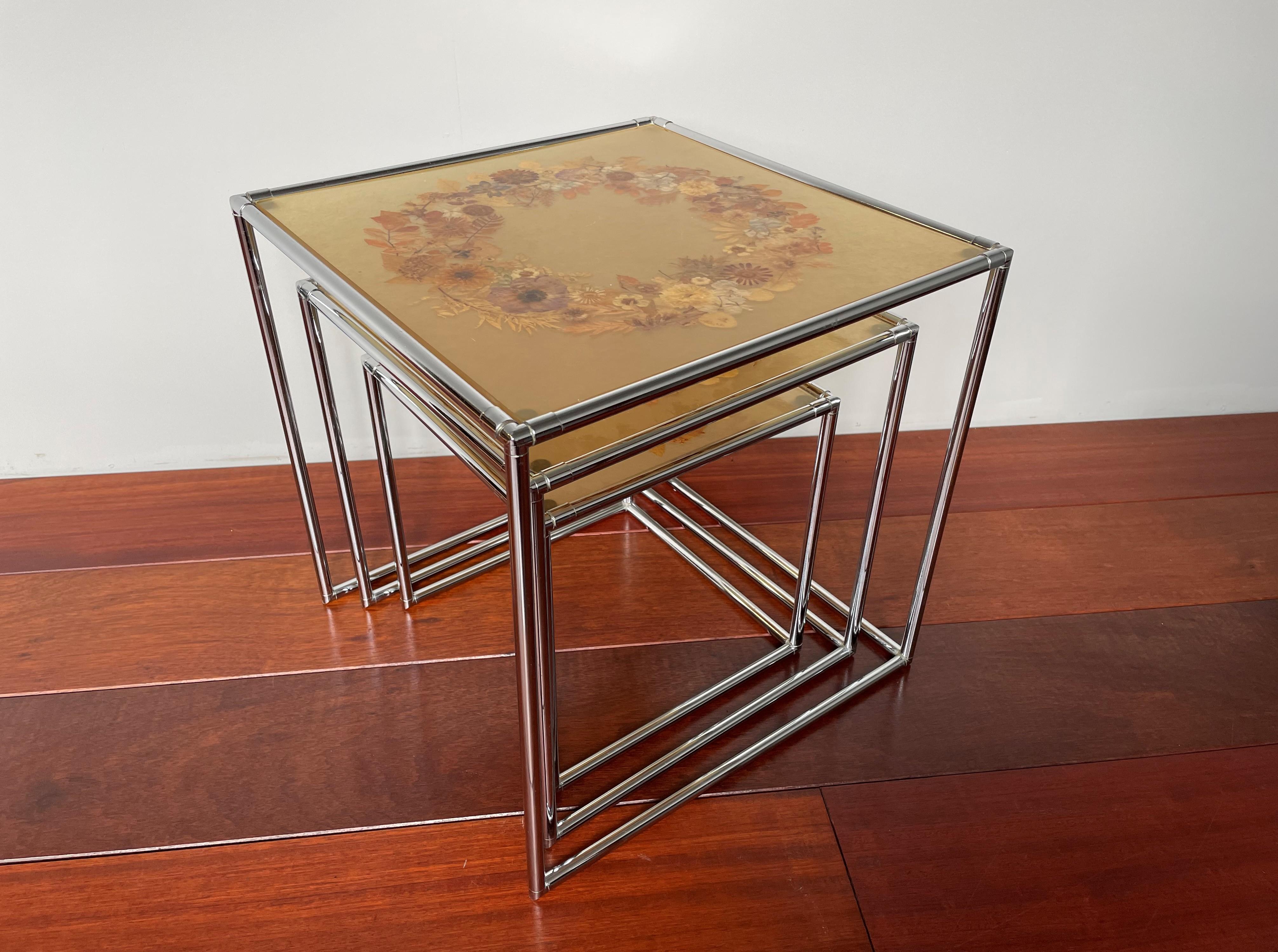 Rare Mid-Century Modern, French Set of Chrome & Resin Inlaid Tables by Accolay For Sale 2