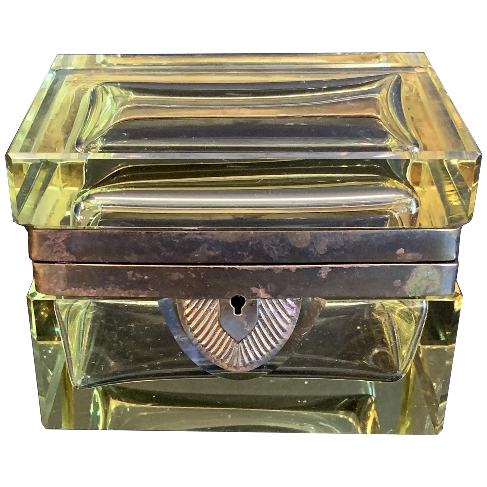 Rare Mid-Century Modern French Yellow Crystal Glass Ormolu Bronze Casket Box