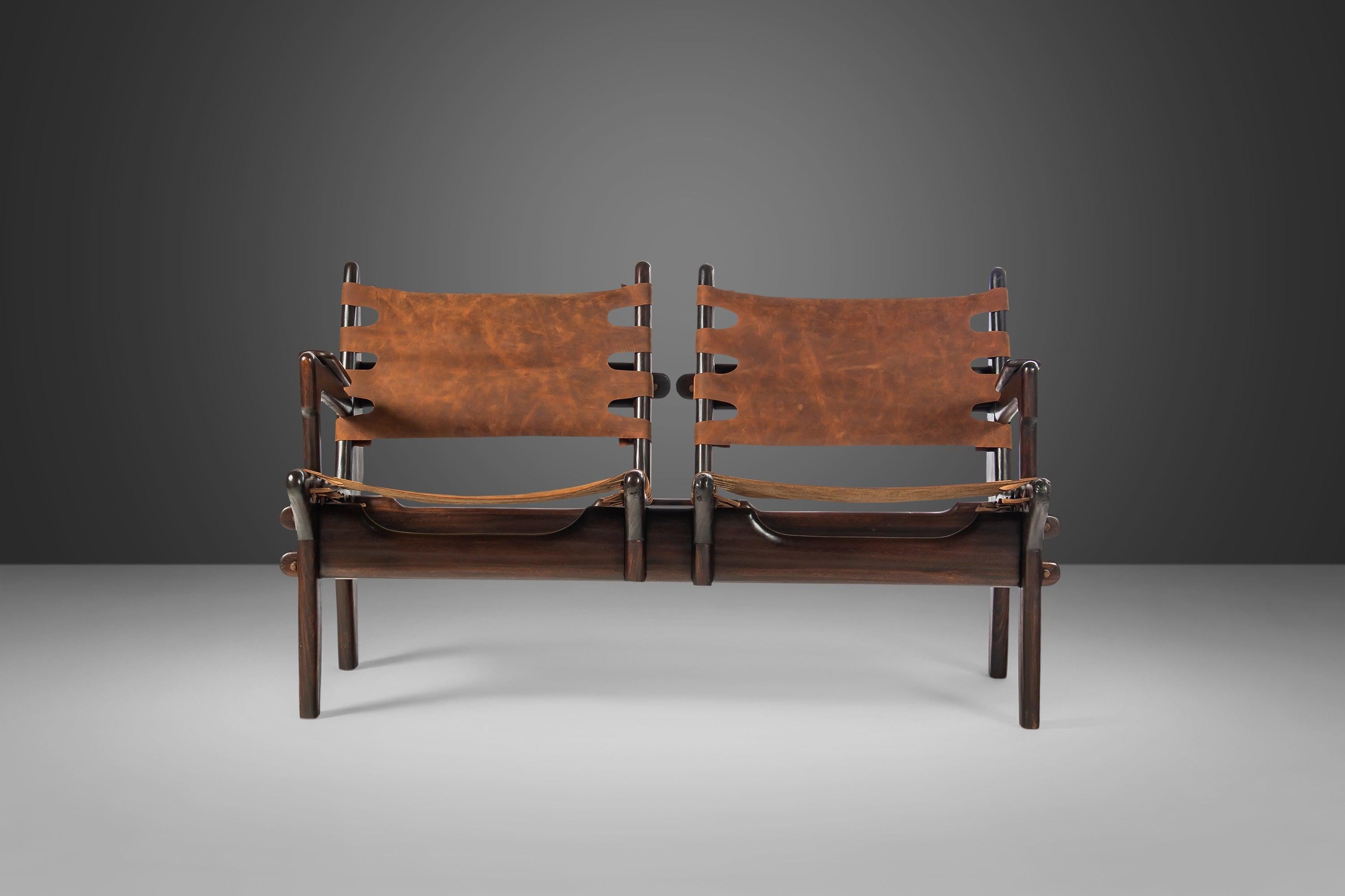 Loveseat in Solid Fruitwood & Leather by Angel Pazmino, Ecuador, c. 1960's For Sale 7