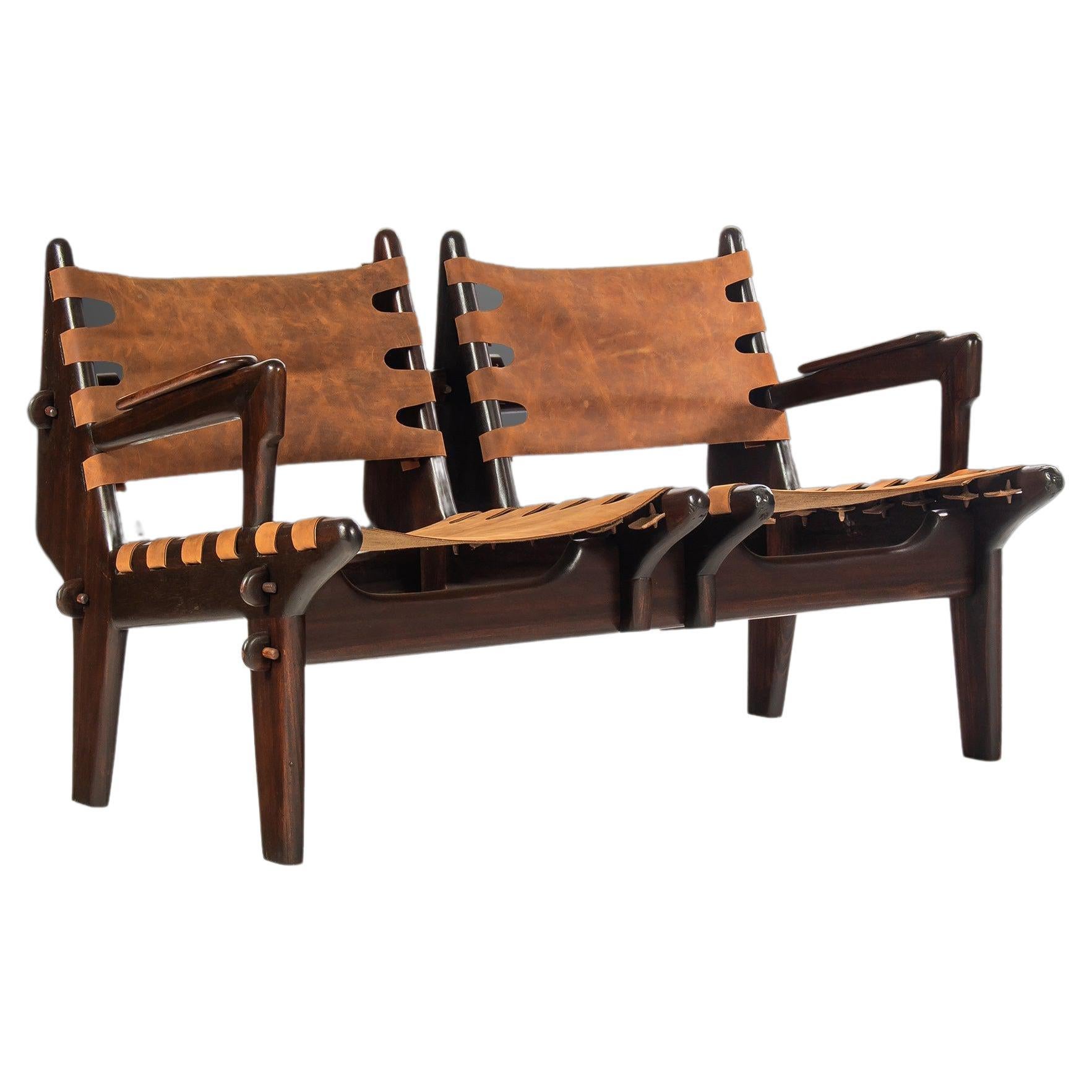 Loveseat in Solid Fruitwood & Leather by Angel Pazmino, Ecuador, c. 1960's For Sale