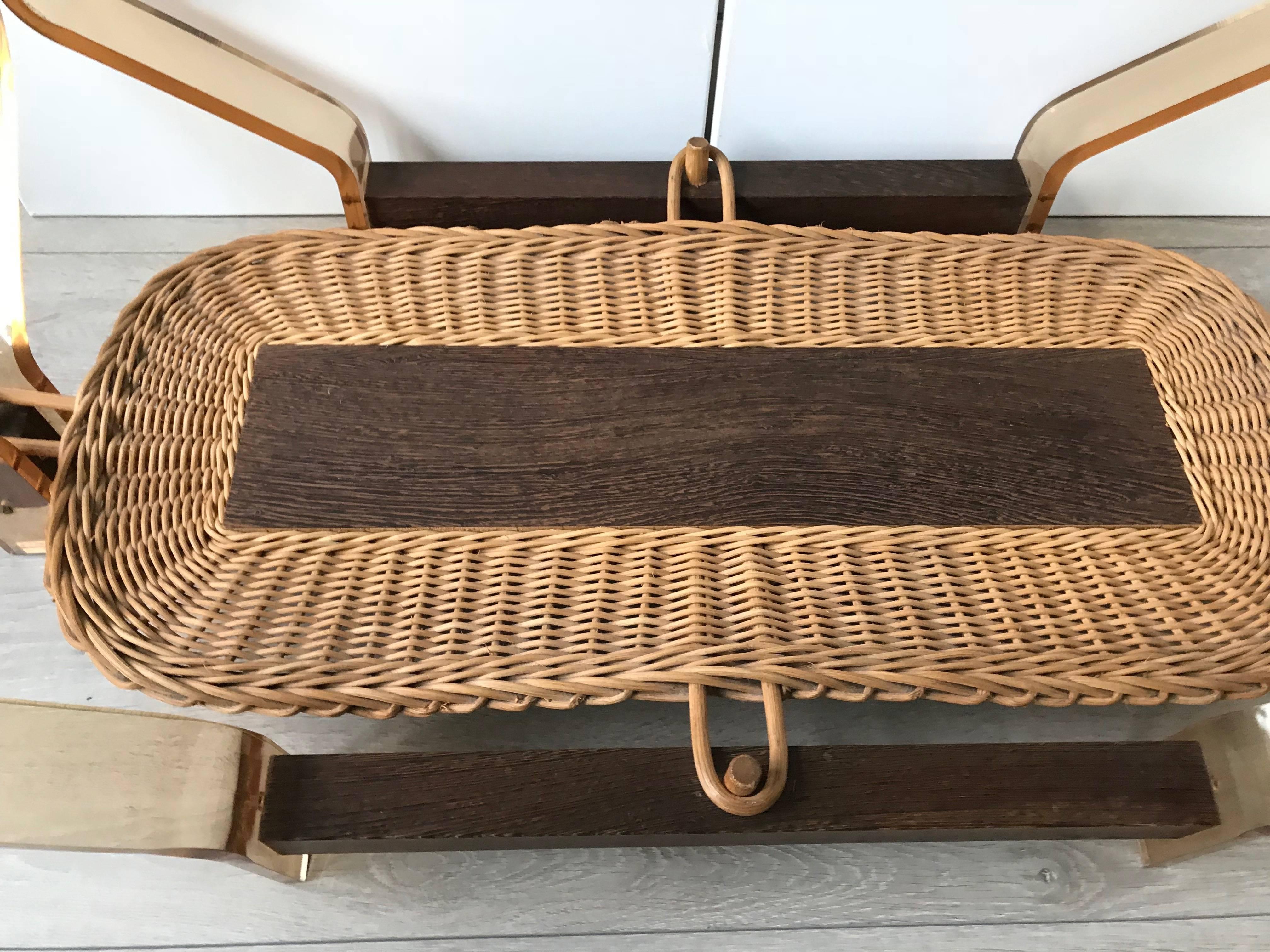 Rare Mid-Century Modern Amber Color Lucite, Wenge and Wicker Coffee Table Base In Good Condition In Lisse, NL