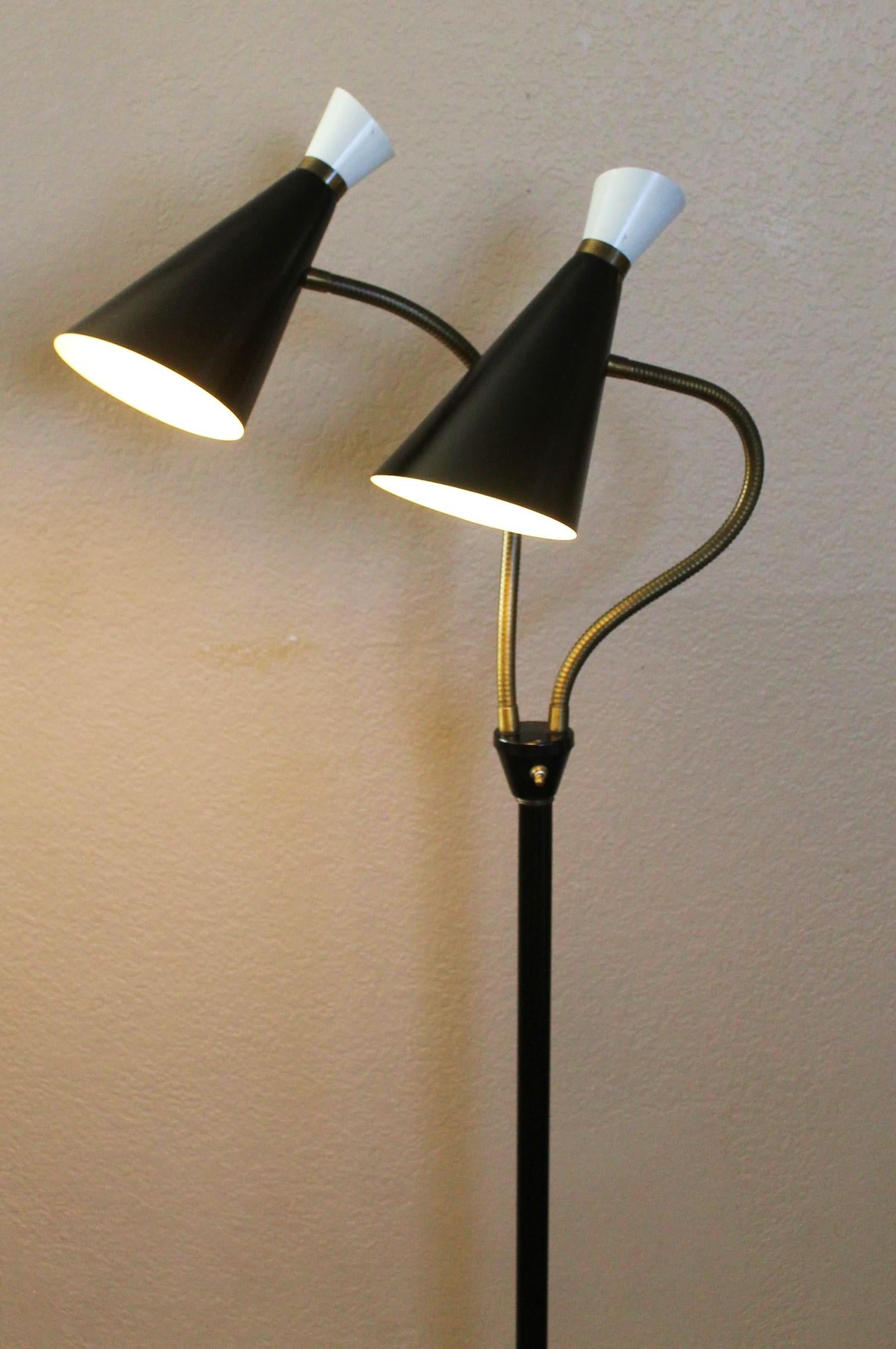 Mid-Century Modern Rare Mid Century Modern Majestic Floor Lamp. Iron Atomic 1950s Dual Cone Shades For Sale