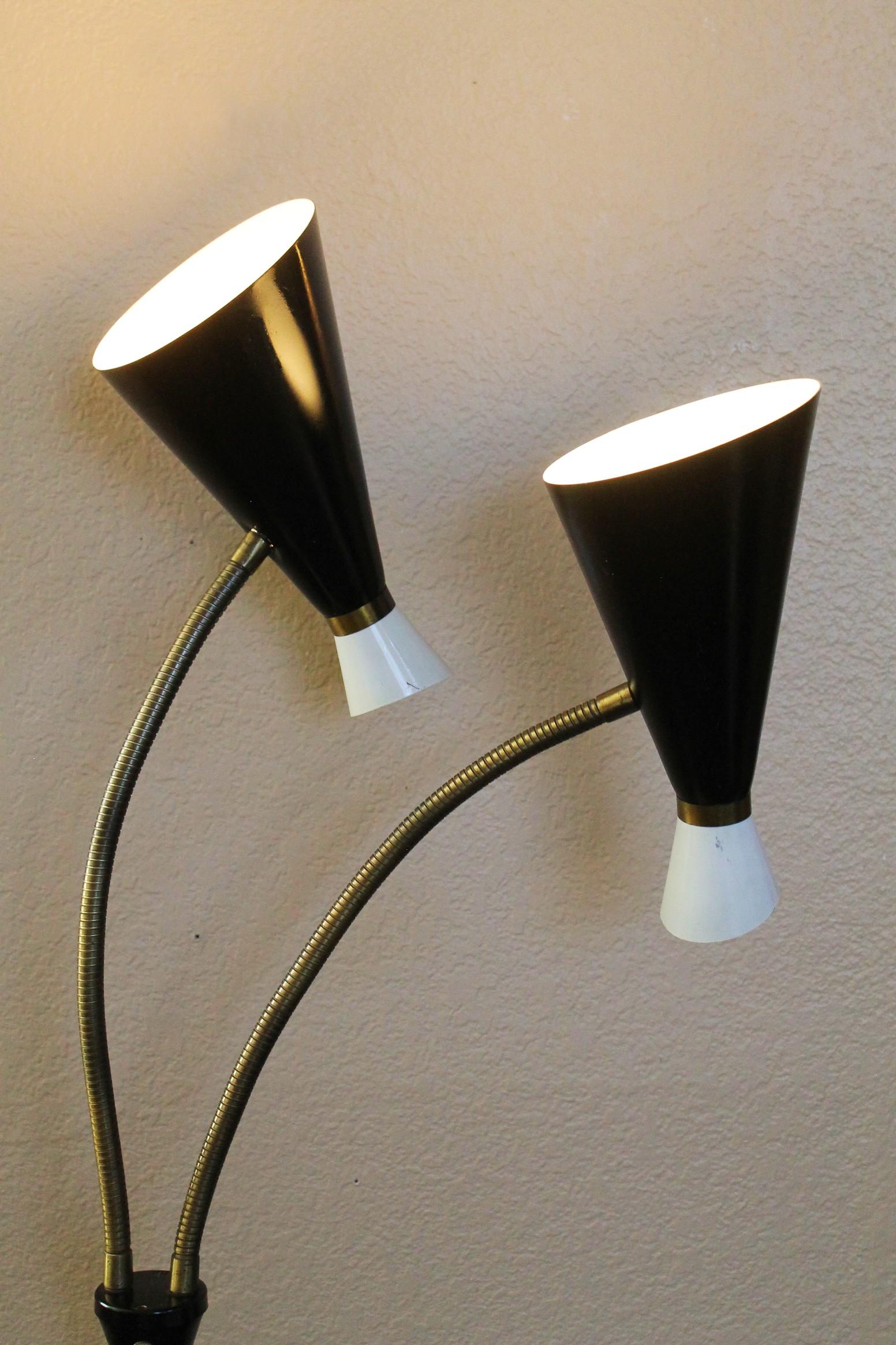 American Rare Mid Century Modern Majestic Floor Lamp. Iron Atomic 1950s Dual Cone Shades For Sale
