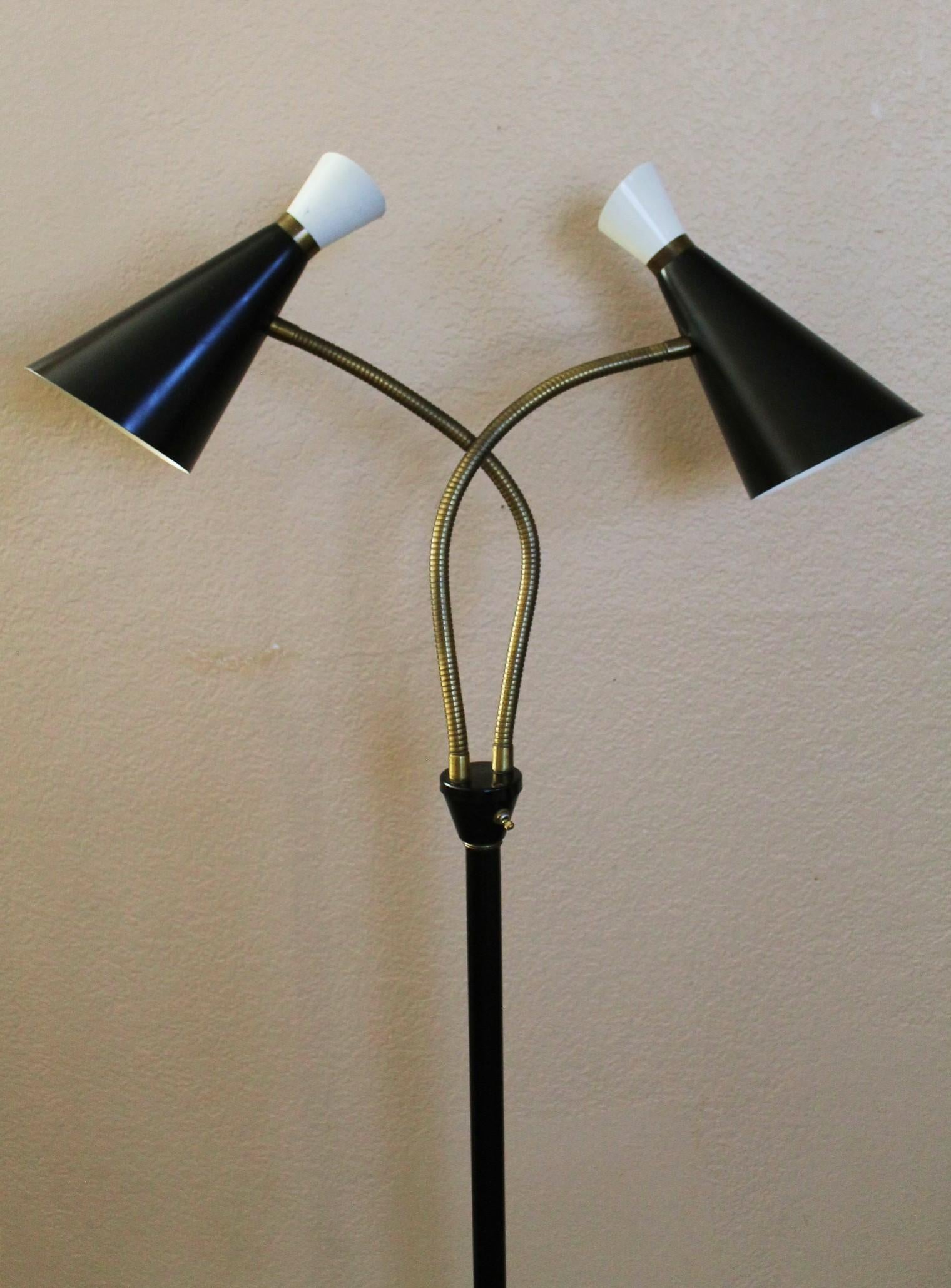 20th Century Rare Mid Century Modern Majestic Floor Lamp. Iron Atomic 1950s Dual Cone Shades For Sale