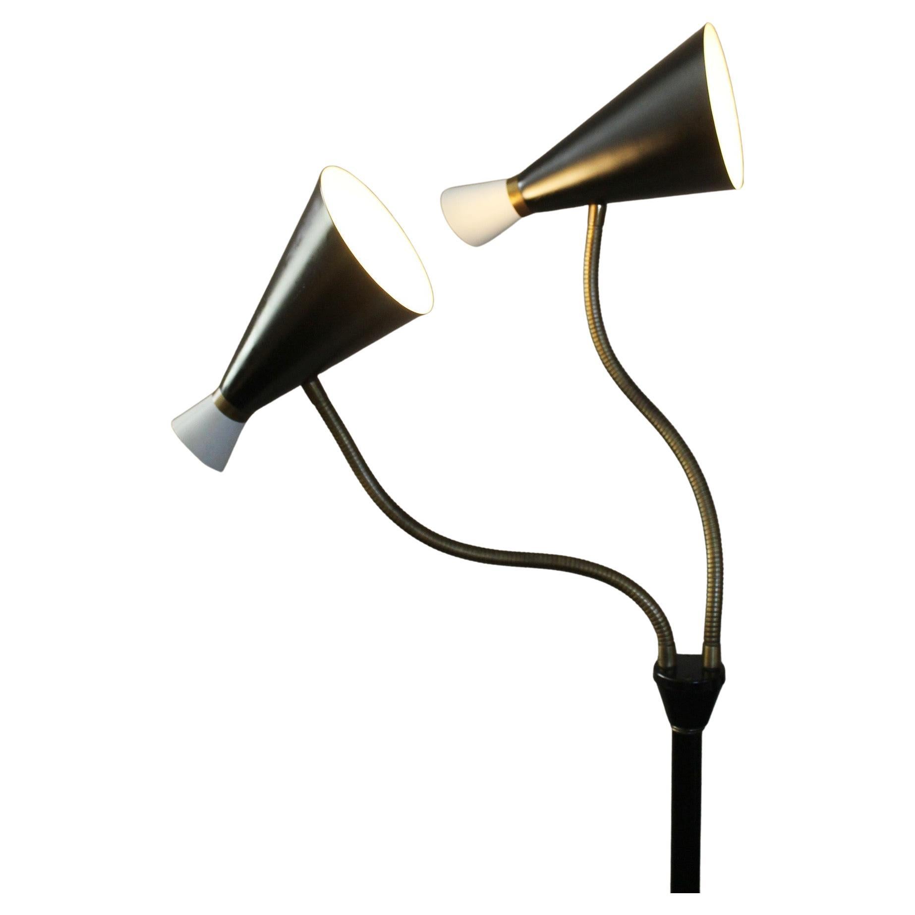 Rare Mid Century Modern Majestic Floor Lamp. Iron Atomic 1950s Dual Cone Shades For Sale