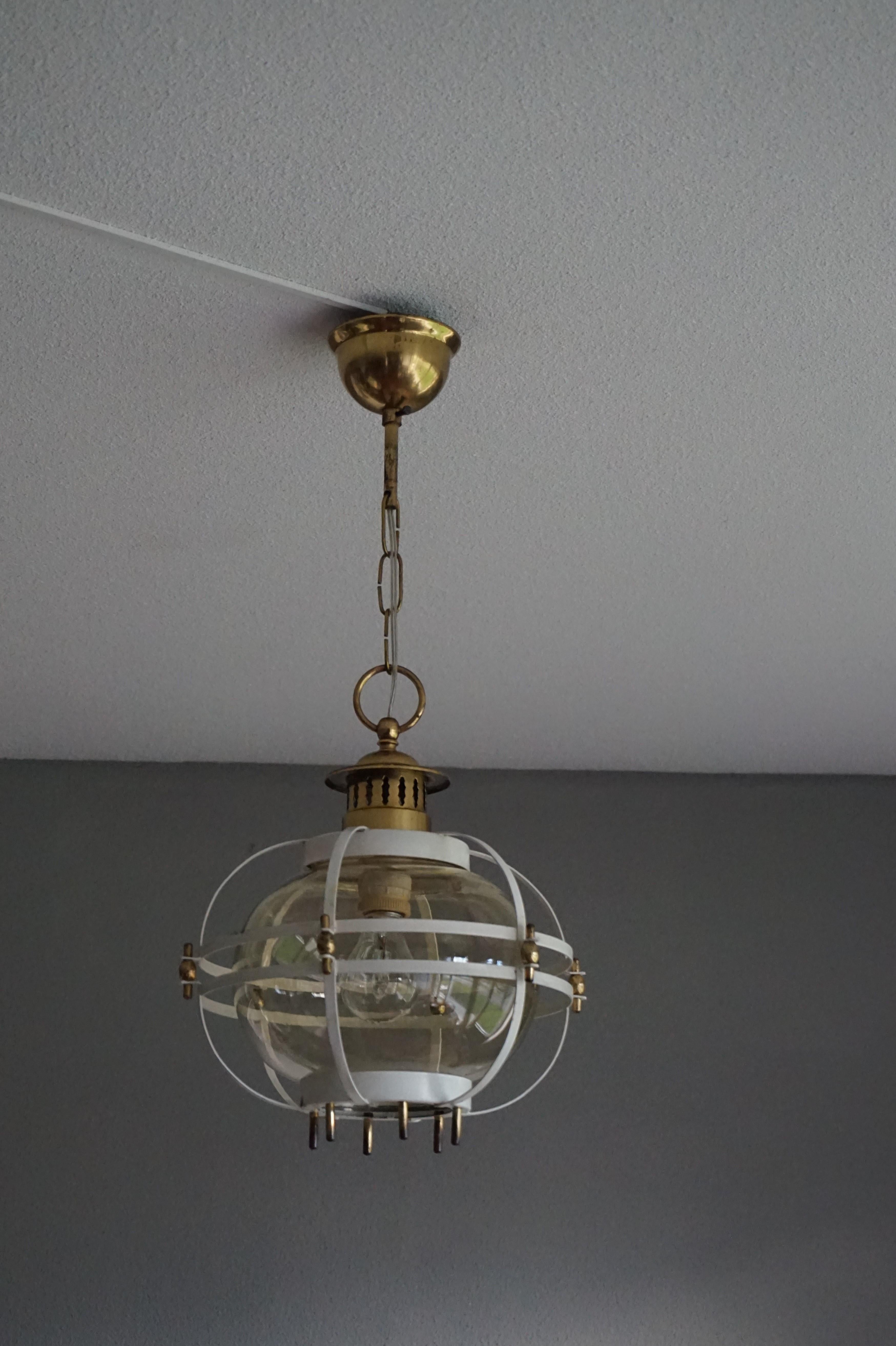 Rare Mid-Century Modern Metal & Brass & Mouthblown Glass Design Pendant Light In Good Condition In Lisse, NL