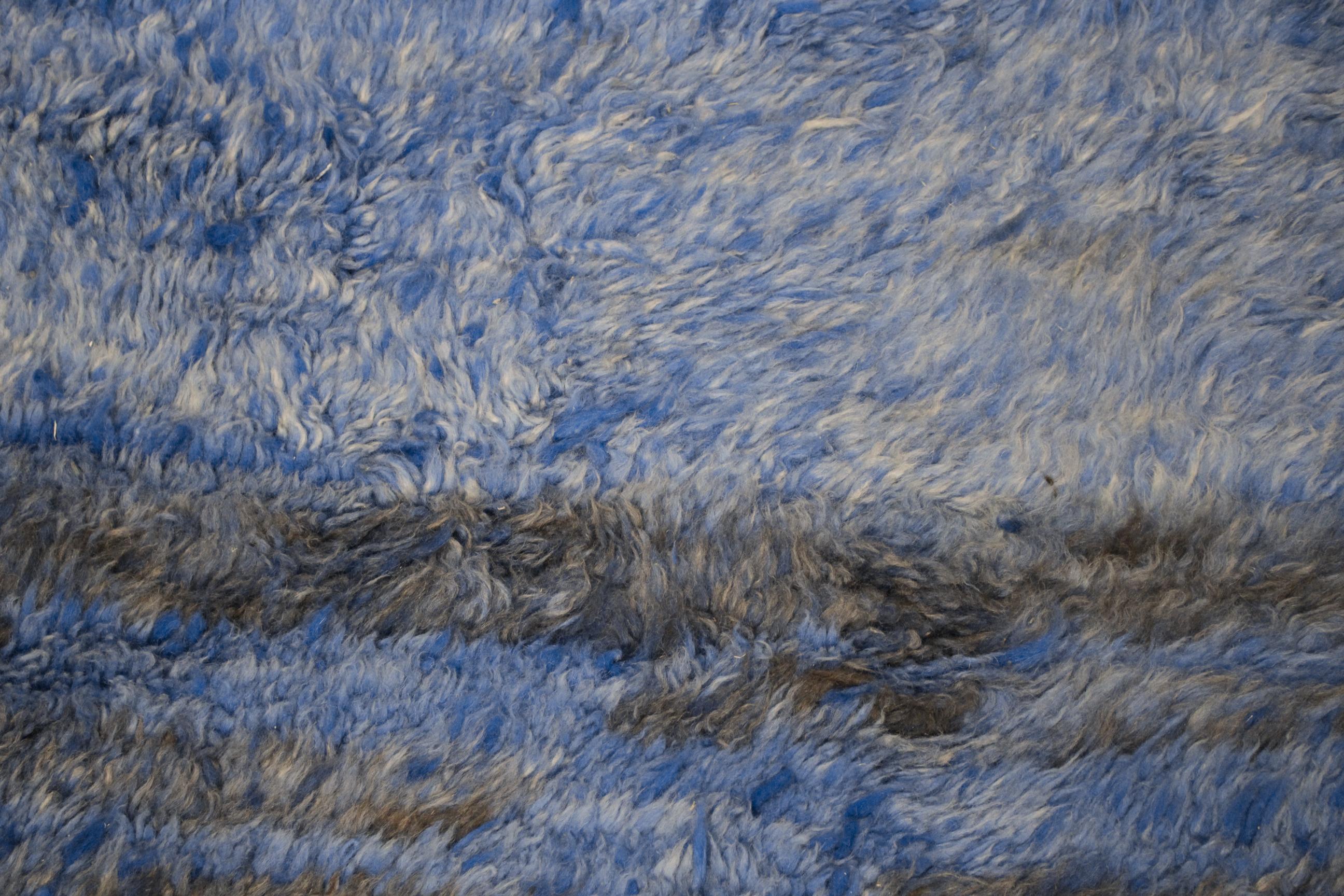Wool Rare Mid-Century Modern Monochrome Indigo Blue Moroccan Berber Beni Mguild Rug For Sale
