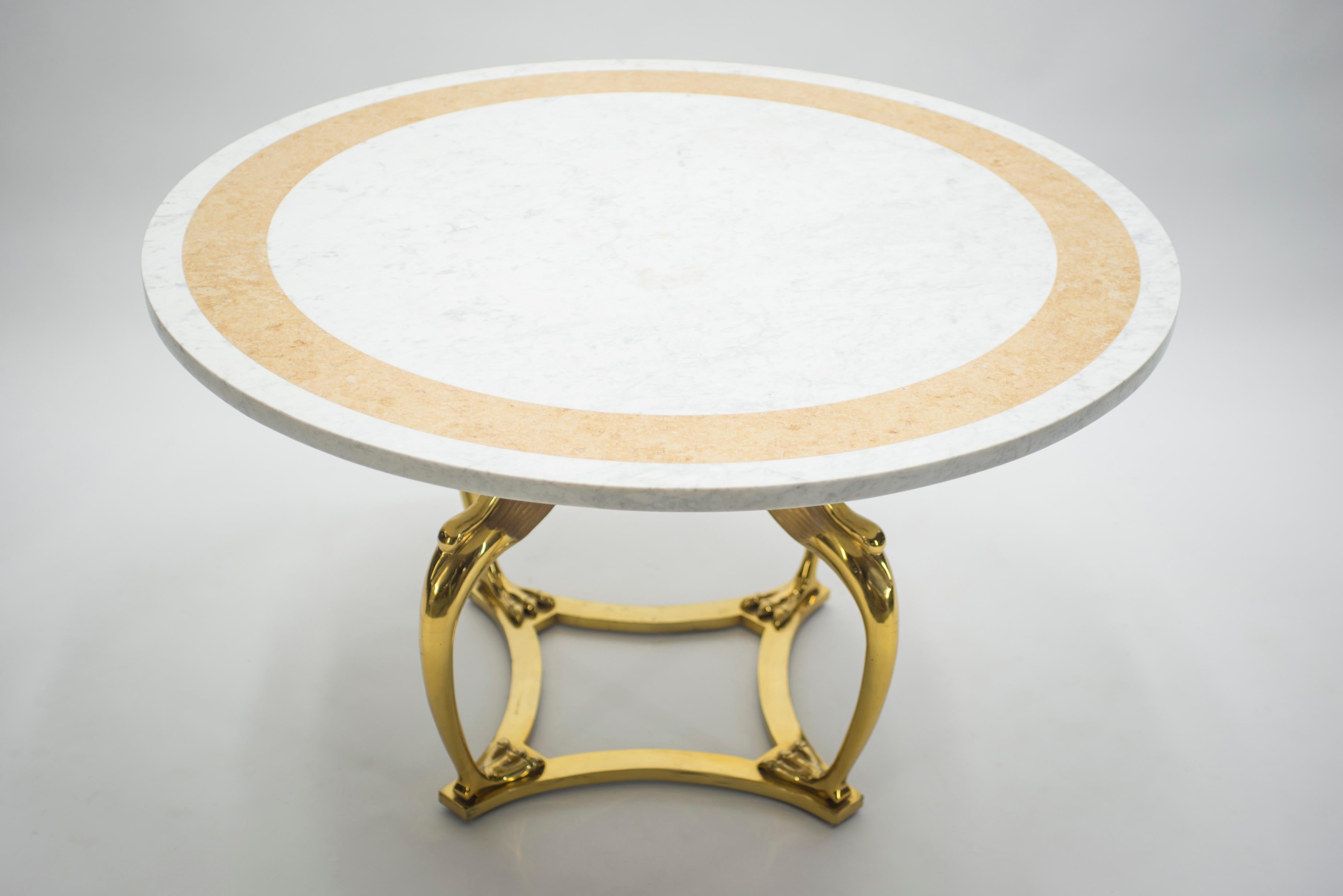 French Rare Mid-Century Modern Robert Thibier Brass Marble Dining Table, 1970s