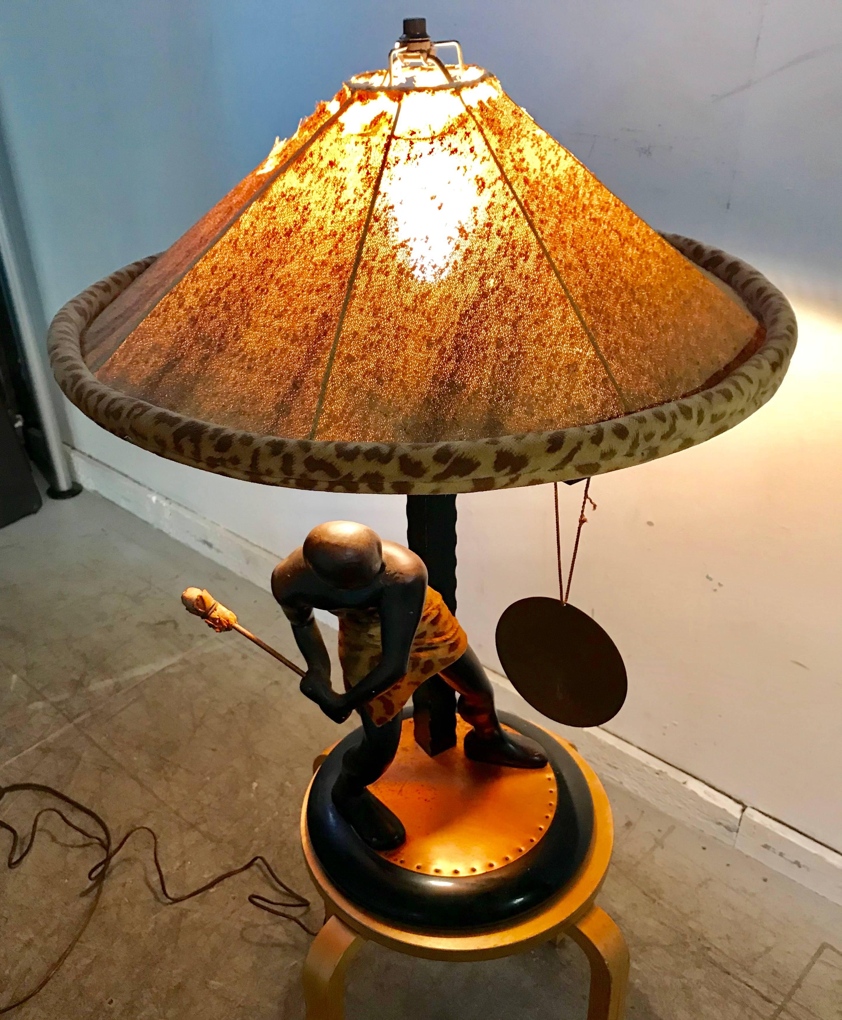 American Rare Mid-Century Modern Table Lamp, Nubian Man Hitting Gong, Moss Lamp Co For Sale