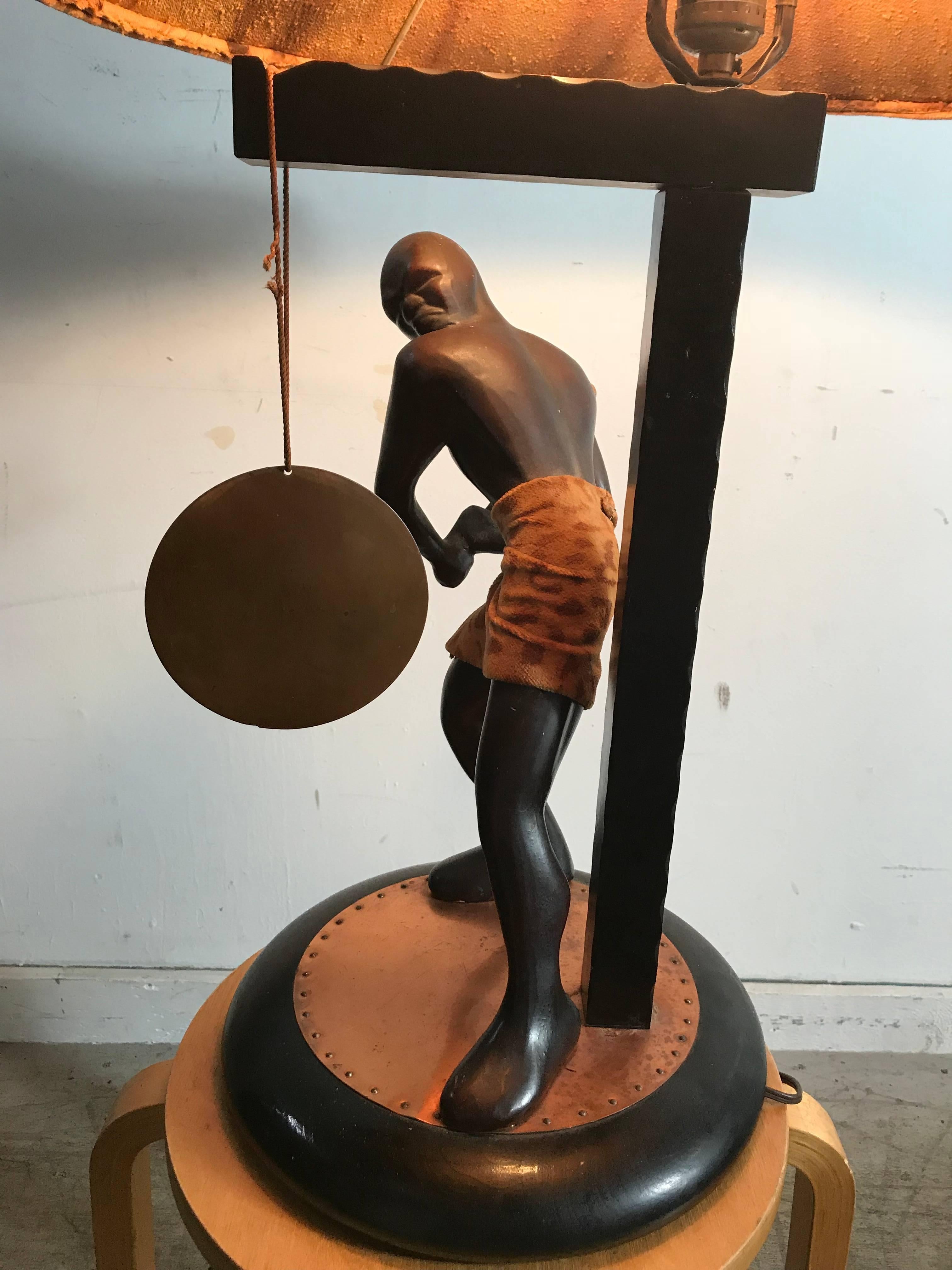 20th Century Rare Mid-Century Modern Table Lamp, Nubian Man Hitting Gong, Moss Lamp Co For Sale