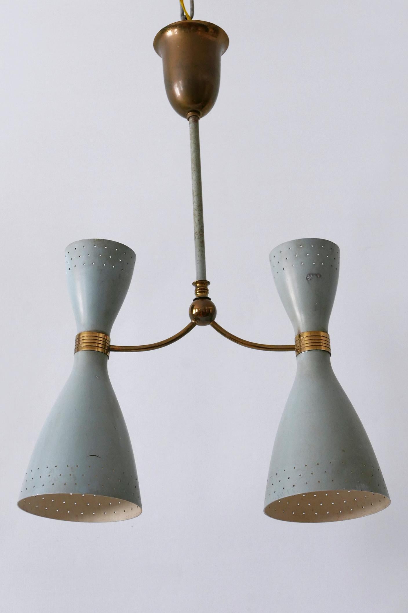 Rare Mid-Century Modern Two-Armed Diabolo Pendant Lamp or Chandelier Italy 1950s en vente 7