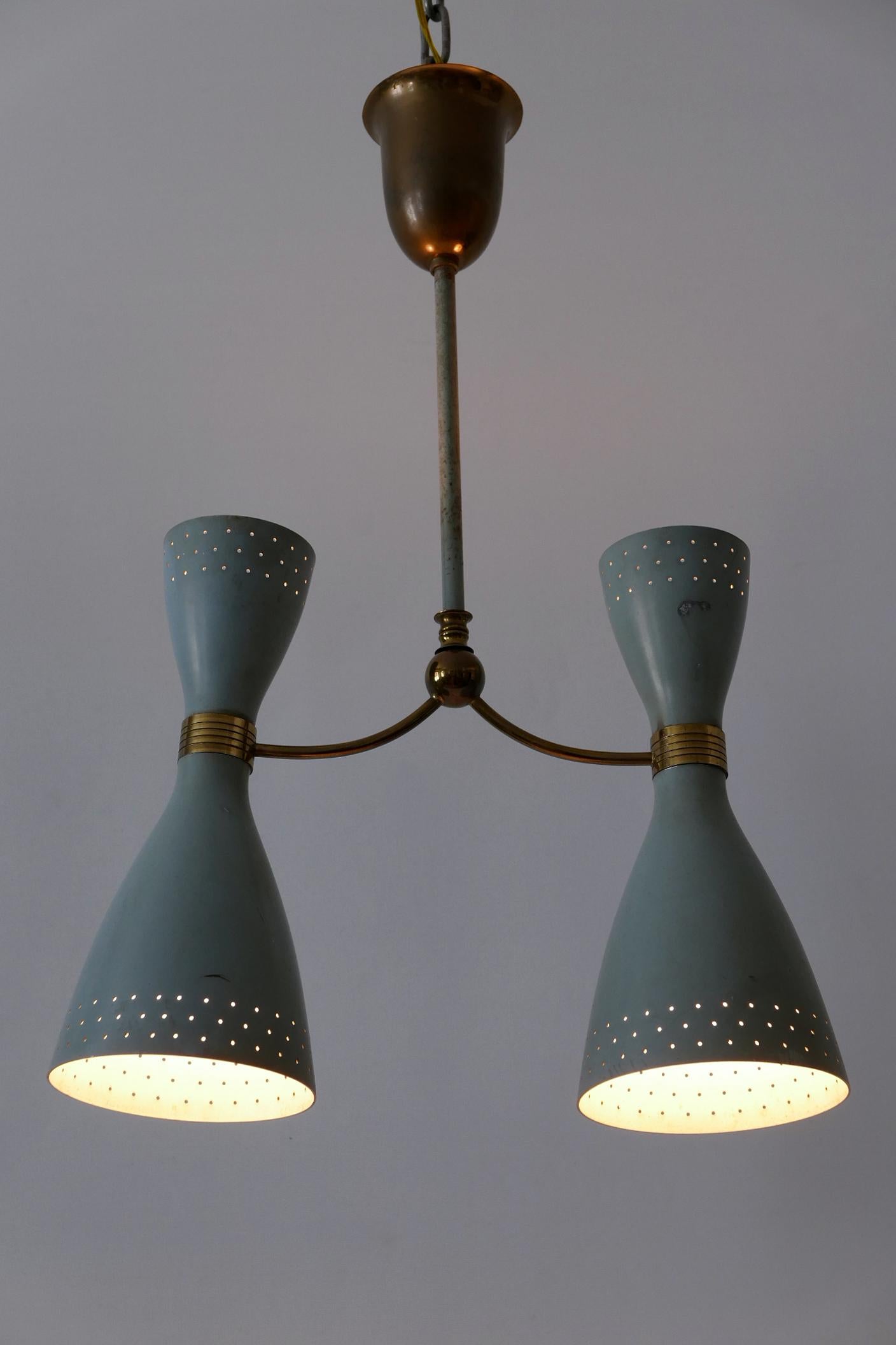Rare Mid-Century Modern Two-Armed Diabolo Pendant Lamp or Chandelier Italy 1950s en vente 8