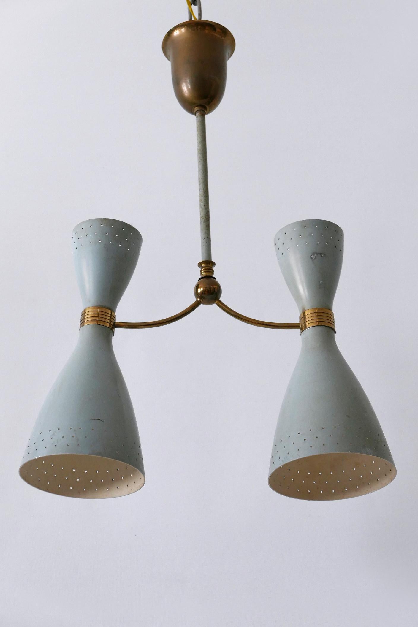 Rare Mid-Century Modern Two-Armed Diabolo Pendant Lamp or Chandelier Italy 1950s en vente 9