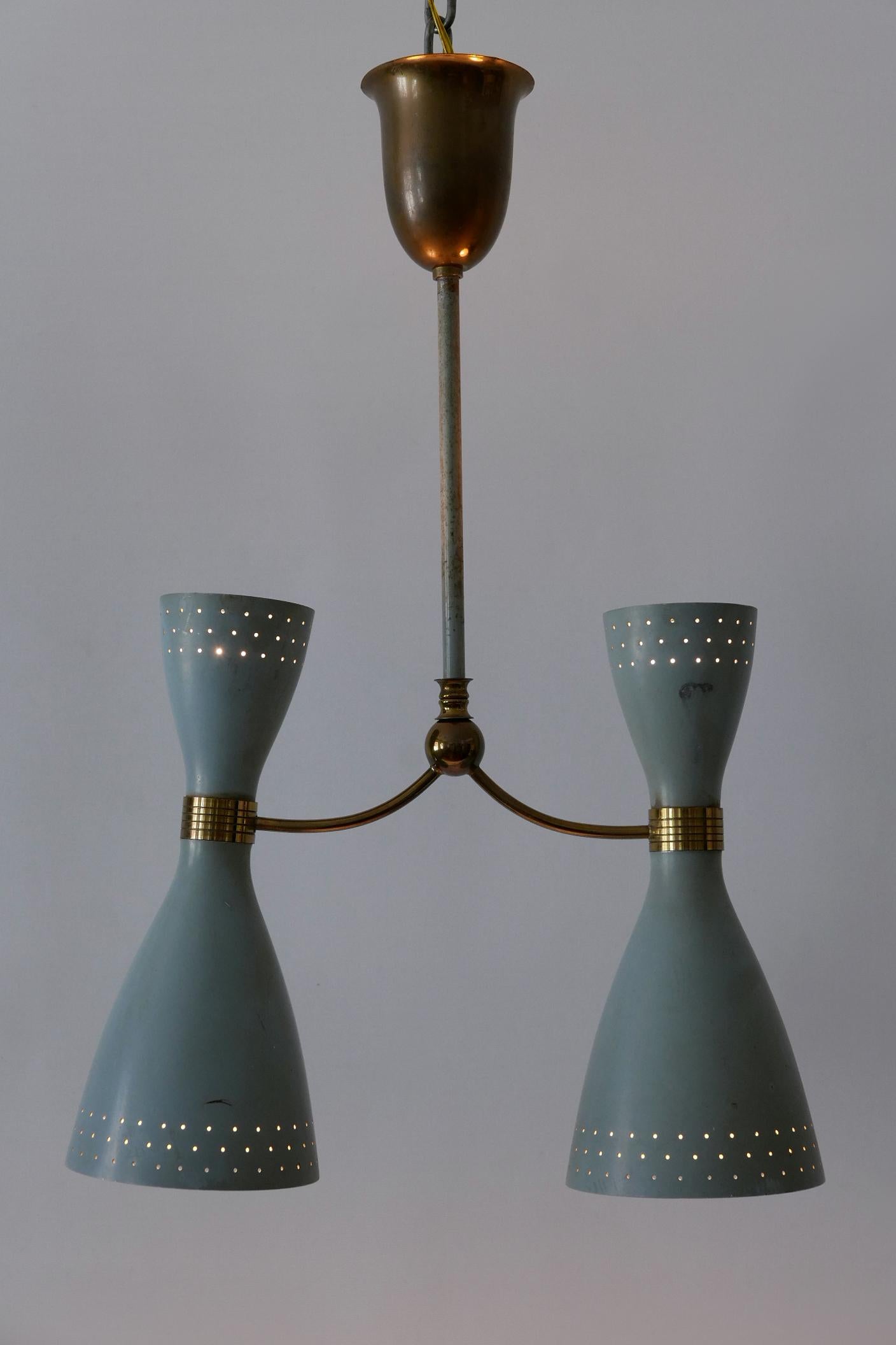 Rare Mid-Century Modern Two-Armed Diabolo Pendant Lamp or Chandelier Italy 1950s en vente 2