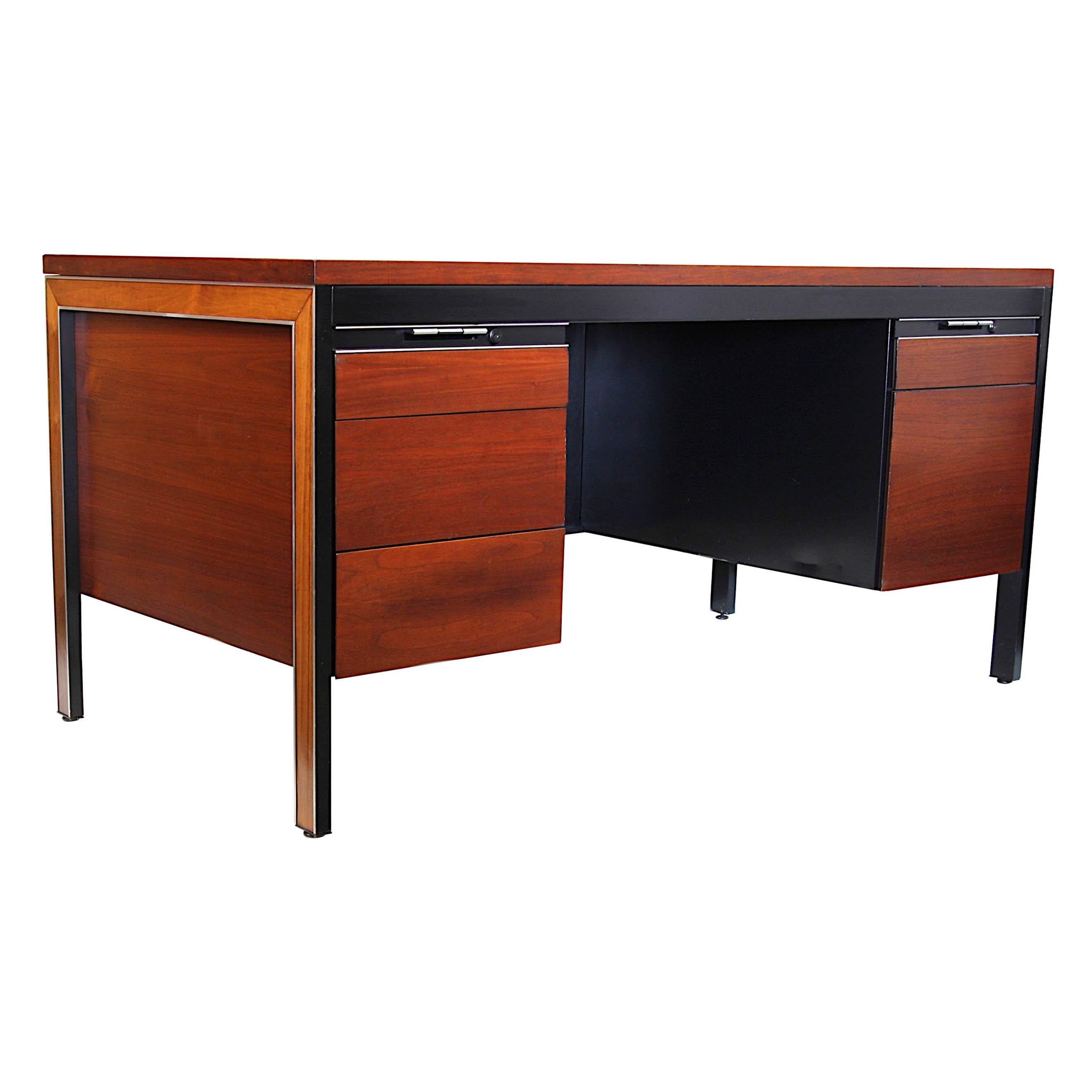 Rare Mid-Century Modern Walnut Push-Button Executive Desk by SLS Environetics  For Sale