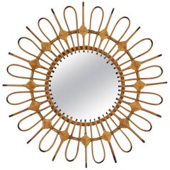 Rare miroir moderne du milieu du siècle en rotin osier décoré de losanges:: Espagne 1950s