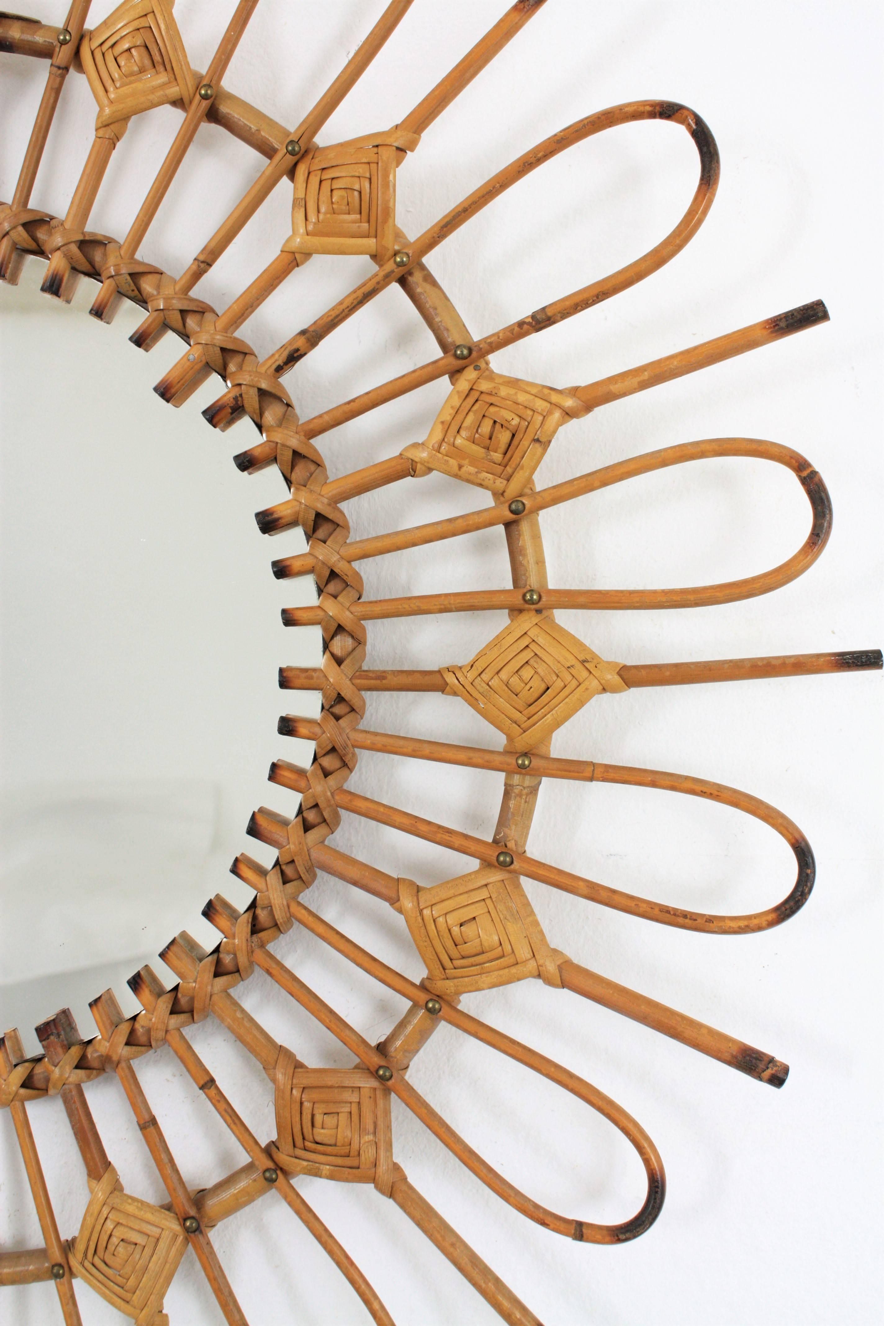 Mid-20th Century Rare Mid-Century Modern Wicker Rattan Mirror Decorated with Rhombus, Spain 1950s