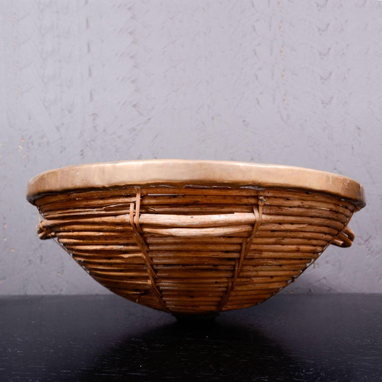 1960s Midcentury Modern Woven Handled Basket with Brass Style of Arthur ... - Mid Century Modern Minimalist Woven Basket