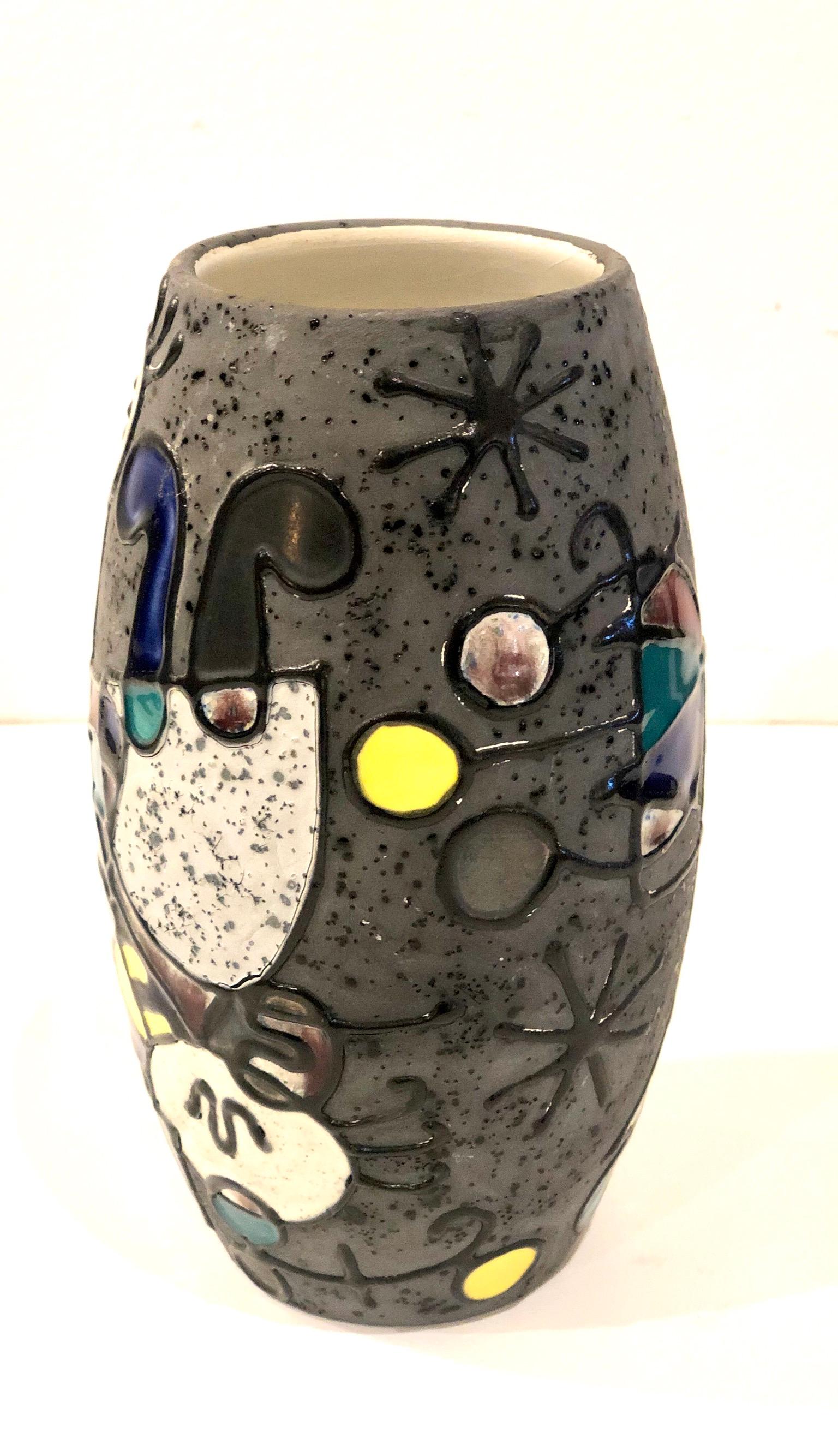 Mid-Century Modern Rare Midcentury Multicolor Italian Ceramic Vase After Joan Miró by Lg Felie