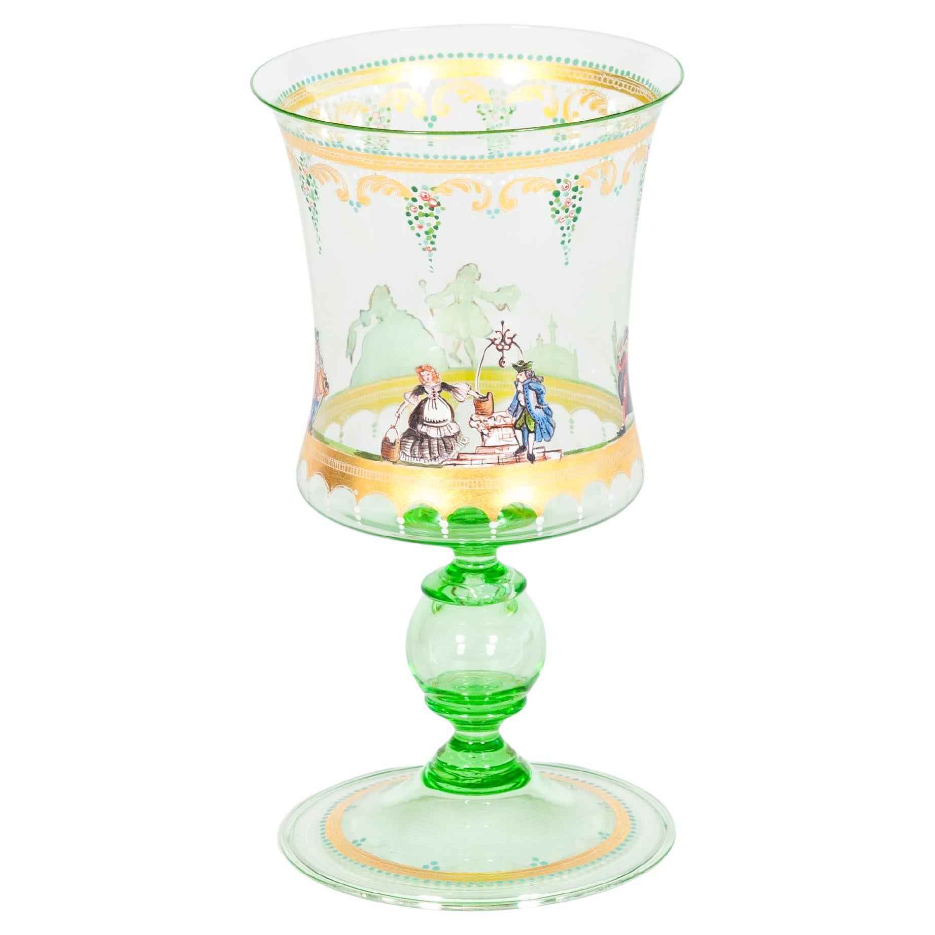 Raro vaso de cristal esmeralda de Murano de mediados de siglo con esmalte pintado a mano en venta