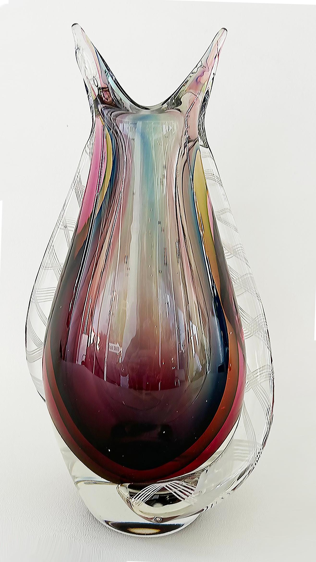 Rare Mid-century Murano Glass Flavio Poli Sommerso Vase, Filigrana Applied

Offered for sale is a rare mid-century modern Italian Murano glass iridescent serpent base in mint condition. The vase is unmarked but attributed to Flavio Poli for