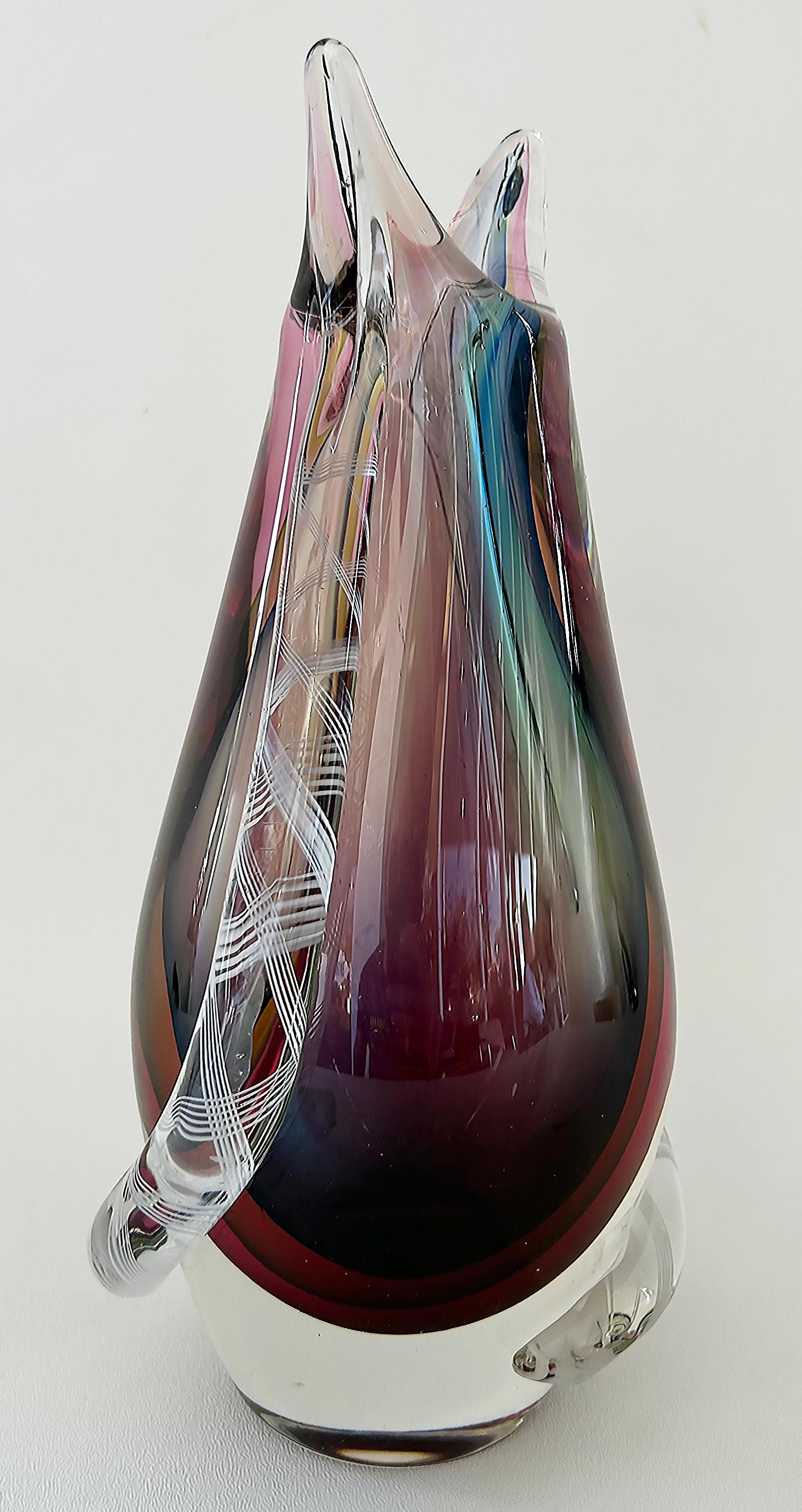 Italian Rare Mid-century Murano Glass Flavio Poli Sommerso Vase, Filigrana Applied
