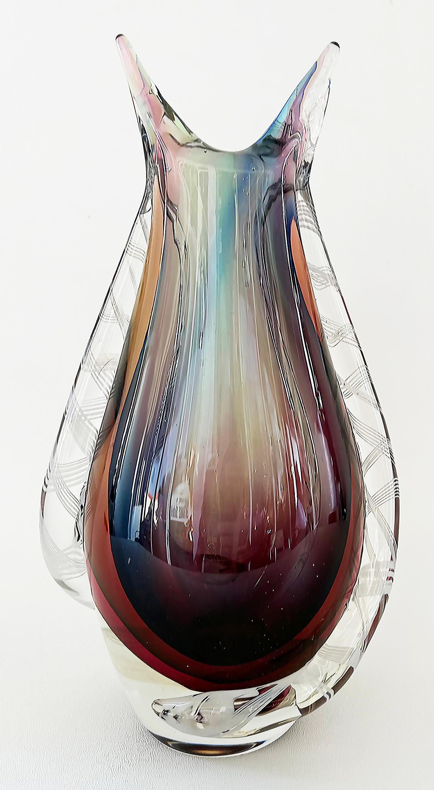 20th Century Rare Mid-century Murano Glass Flavio Poli Sommerso Vase, Filigrana Applied