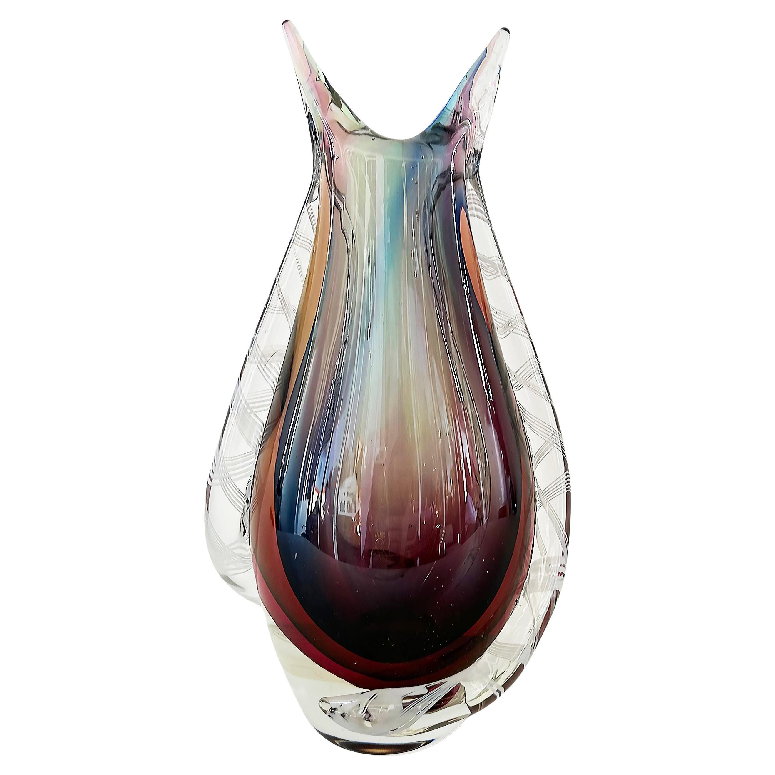 Rare Mid-century Murano Glass Flavio Poli Sommerso Vase, Filigrana Applied