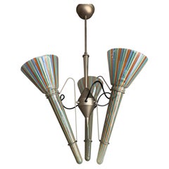 Rare Mid-Century Murano Style Multicolor Glass Trumpet Chandelier, Three Light