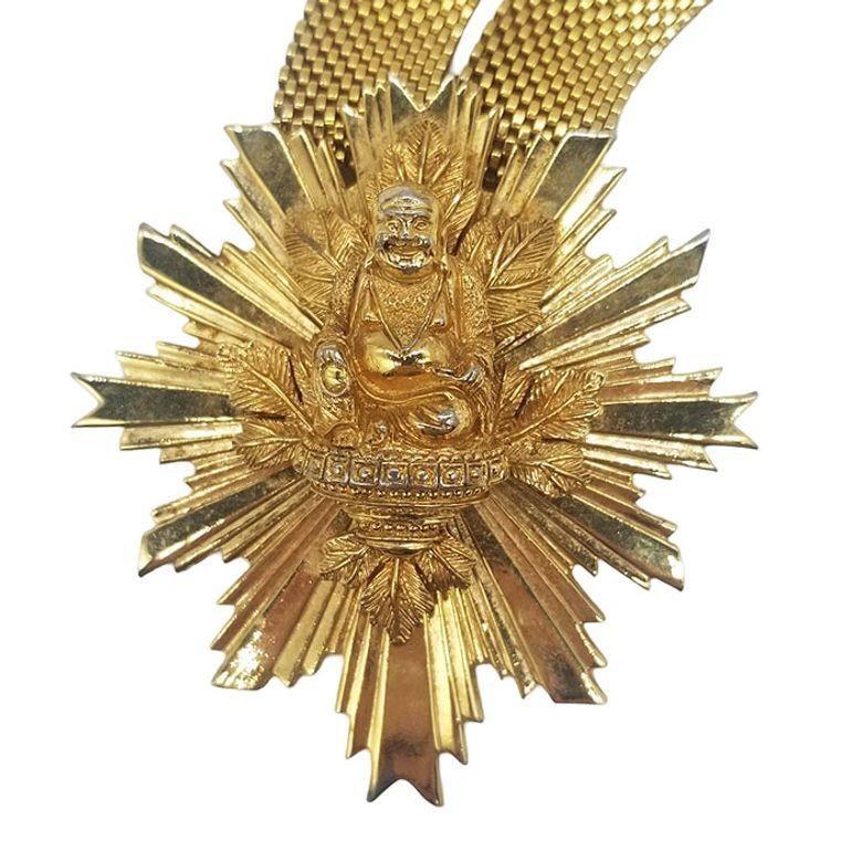 American Rare Mid Century Nettie Rosenstein Gold Plated Sunburst Buddah Necklace For Sale