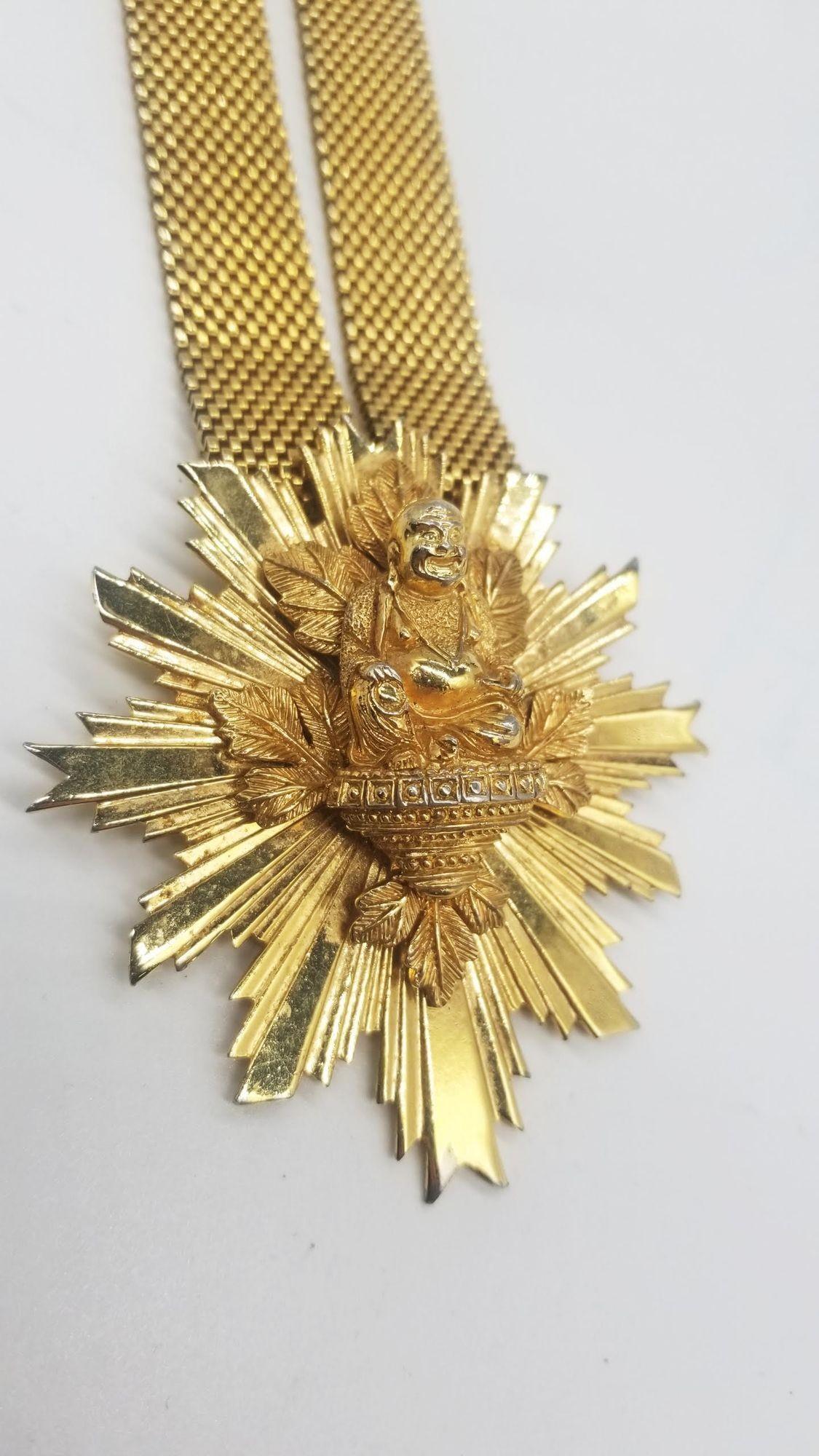American Rare Mid Century Nettie Rosenstein Gold Sunburst Buddah Necklace For Sale