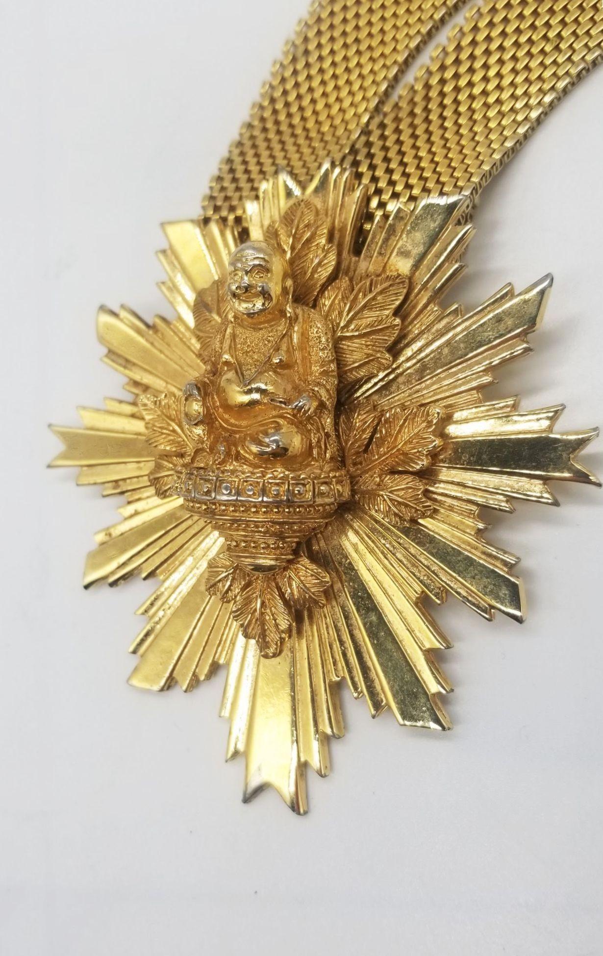 20th Century Rare Mid Century Nettie Rosenstein Gold Sunburst Buddah Necklace For Sale