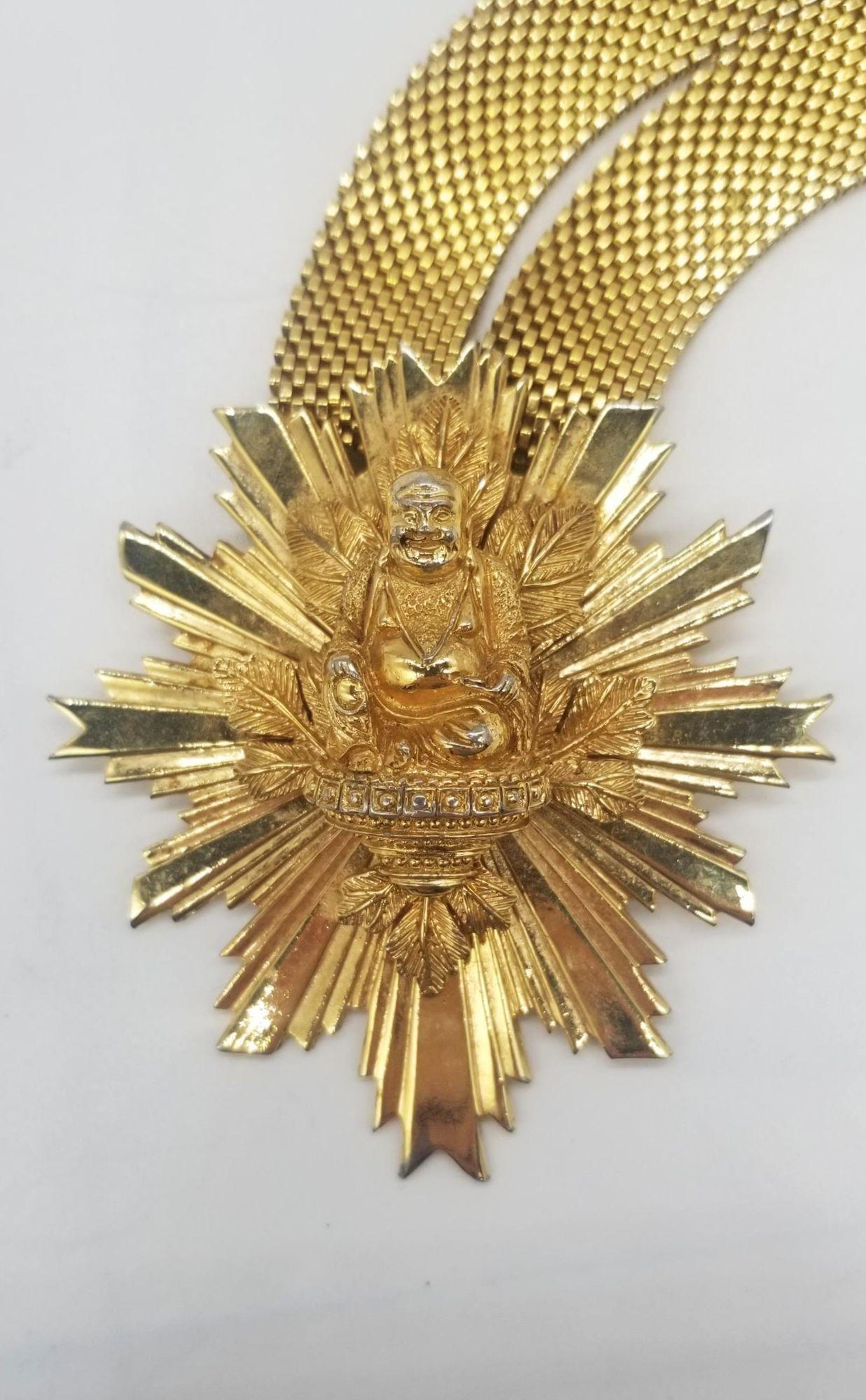 Rare Mid Century Nettie Rosenstein Gold Sunburst Buddah Necklace For Sale 1